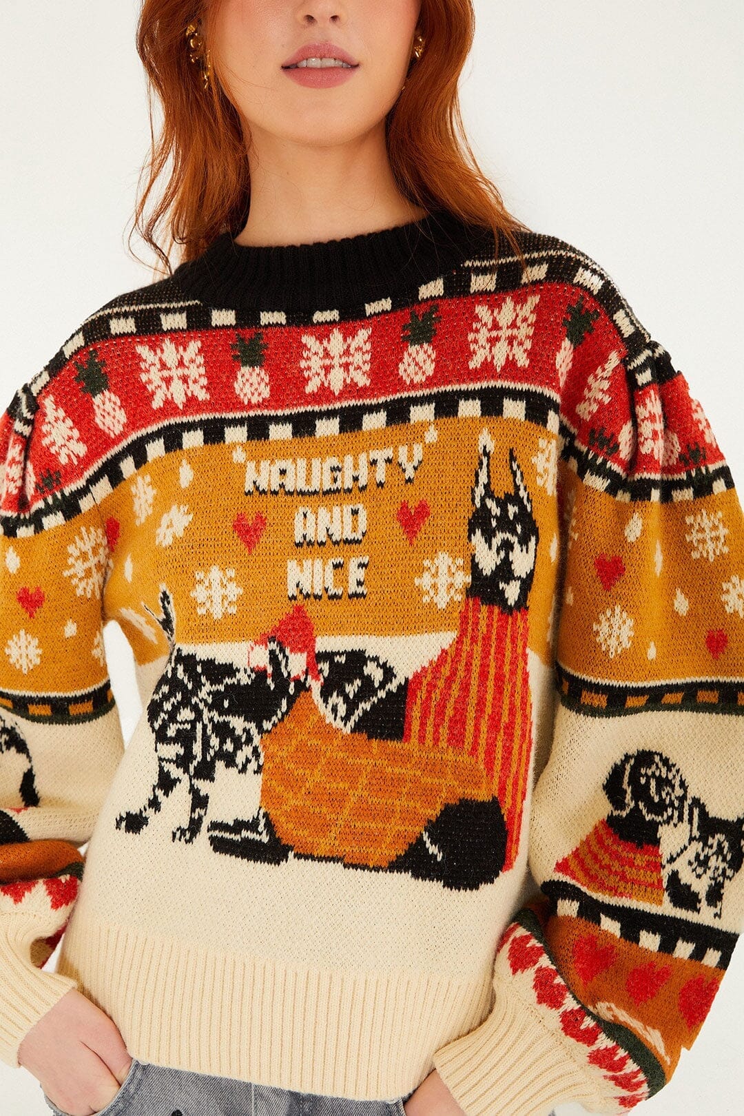Multicolor Naughty And Nice Puff Sleeve Knit Sweater | FARM Rio