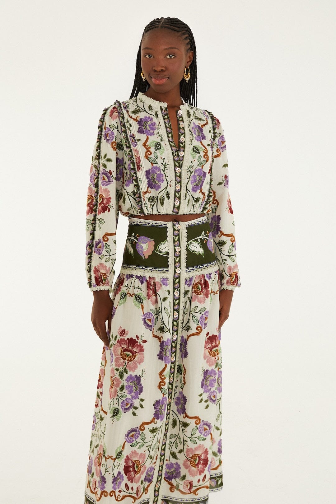 Cream Rococo Flowers Lace Buttoned Midi Skirt