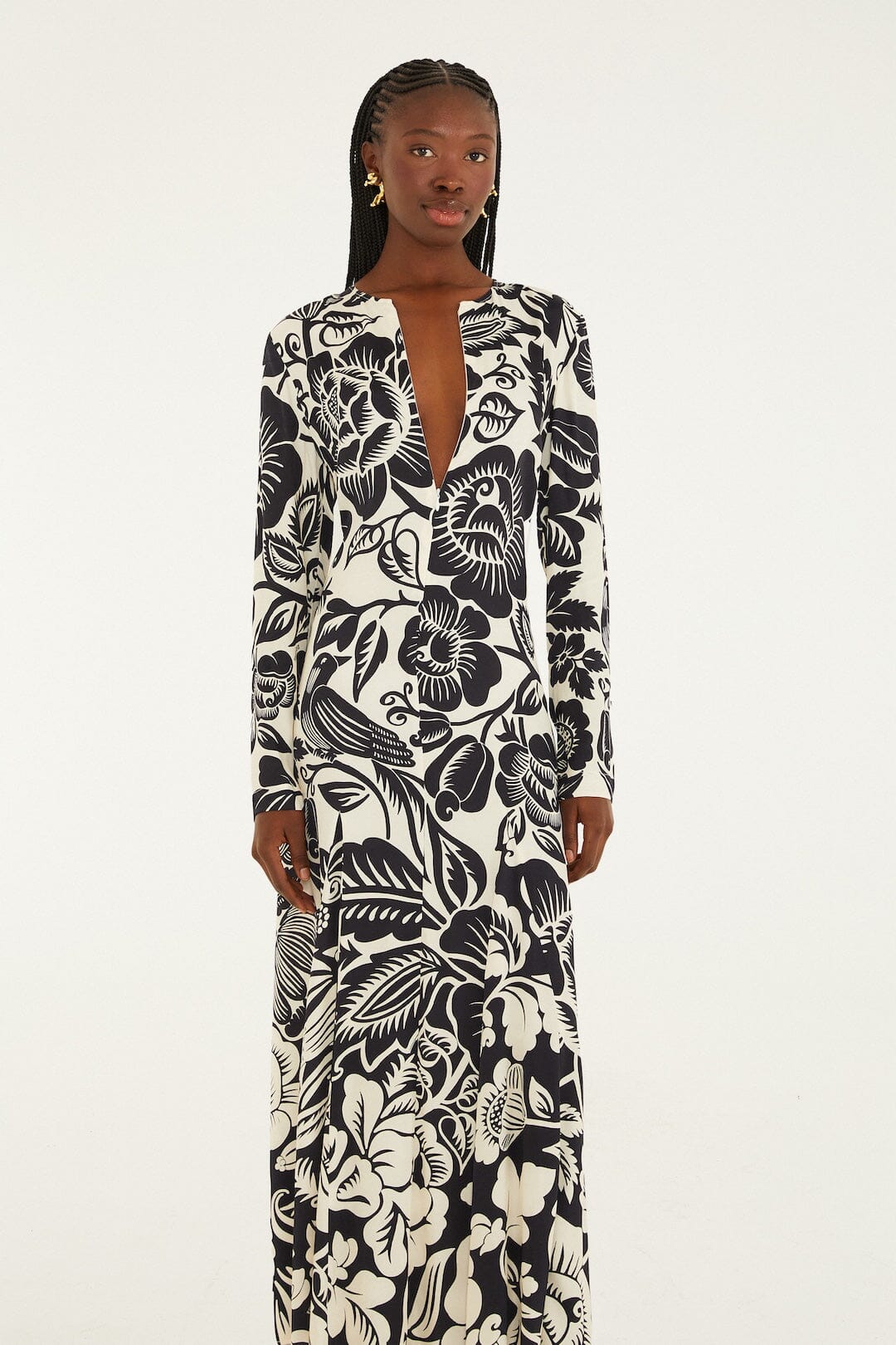 Robe longue en viscose Lenzing™ Ecovero™ à motif noix de cajou et oiseaux, couleur blanc cassé