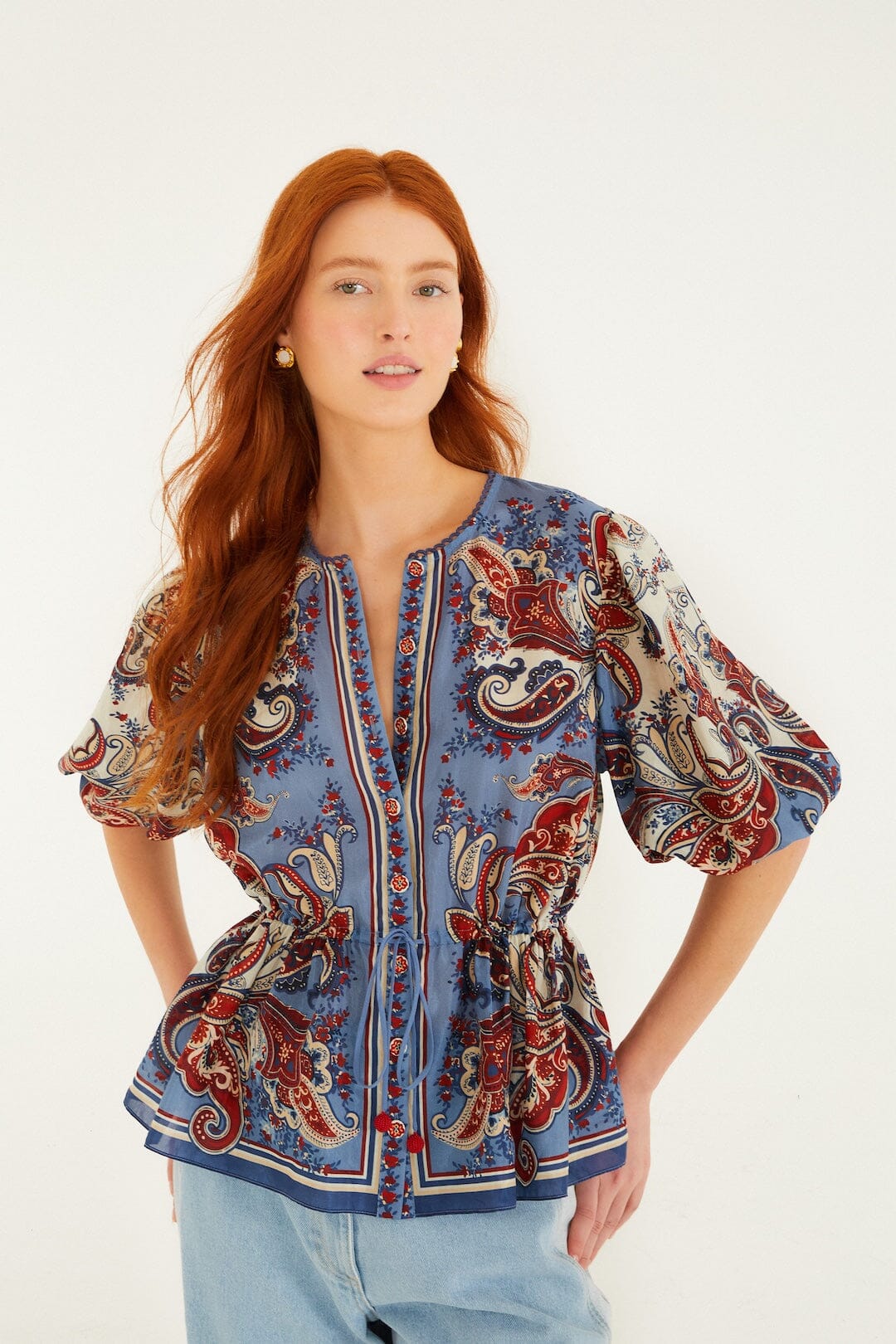 Blue Paisley Scarf Short Sleeve Blouse