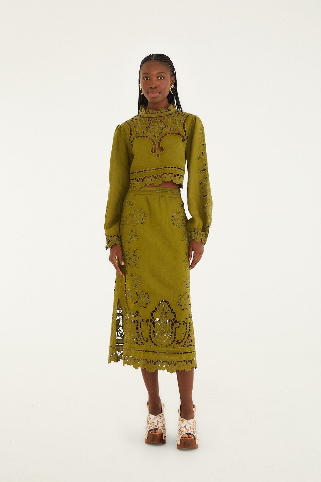 Green Majestic Garden Euroflax Premium Linen Richelieu Blouse