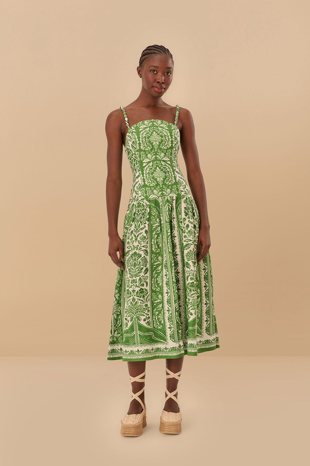 Green Delicate Tapestry Euroflax Premium Linen Midi Dress FARM Rio Green Delicate Tapestry Euroflax Premium Linen Midi Dress FARM Rio