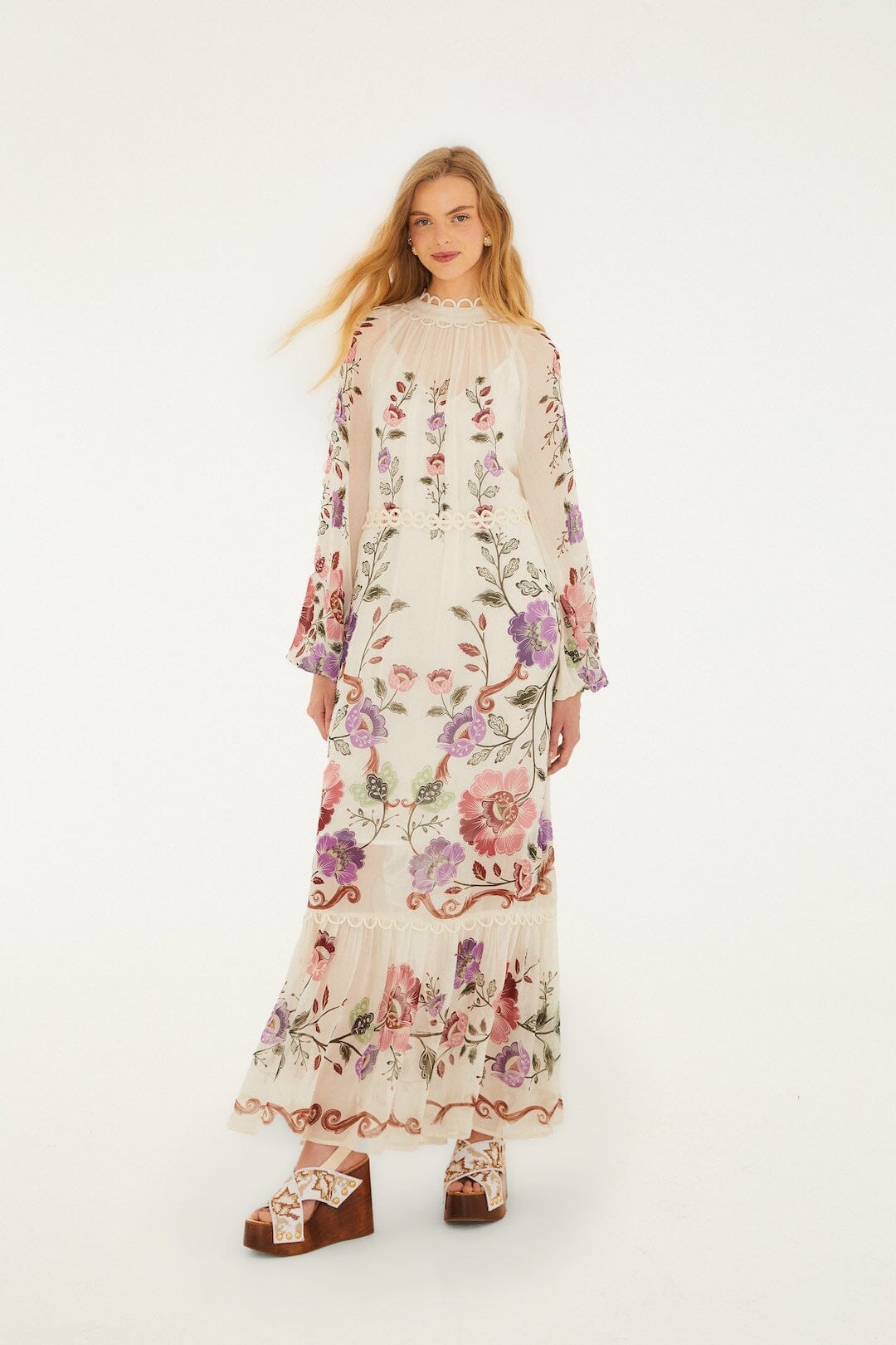 cream dress with flowers Cream Rococo Flowers Lace Maxi Dress