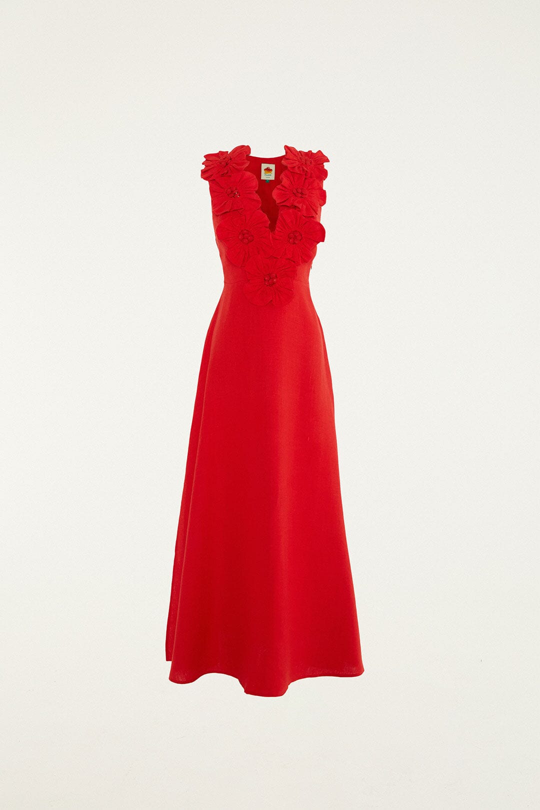 Red 3d Flower Euroflax Premium Linen Maxi Dress