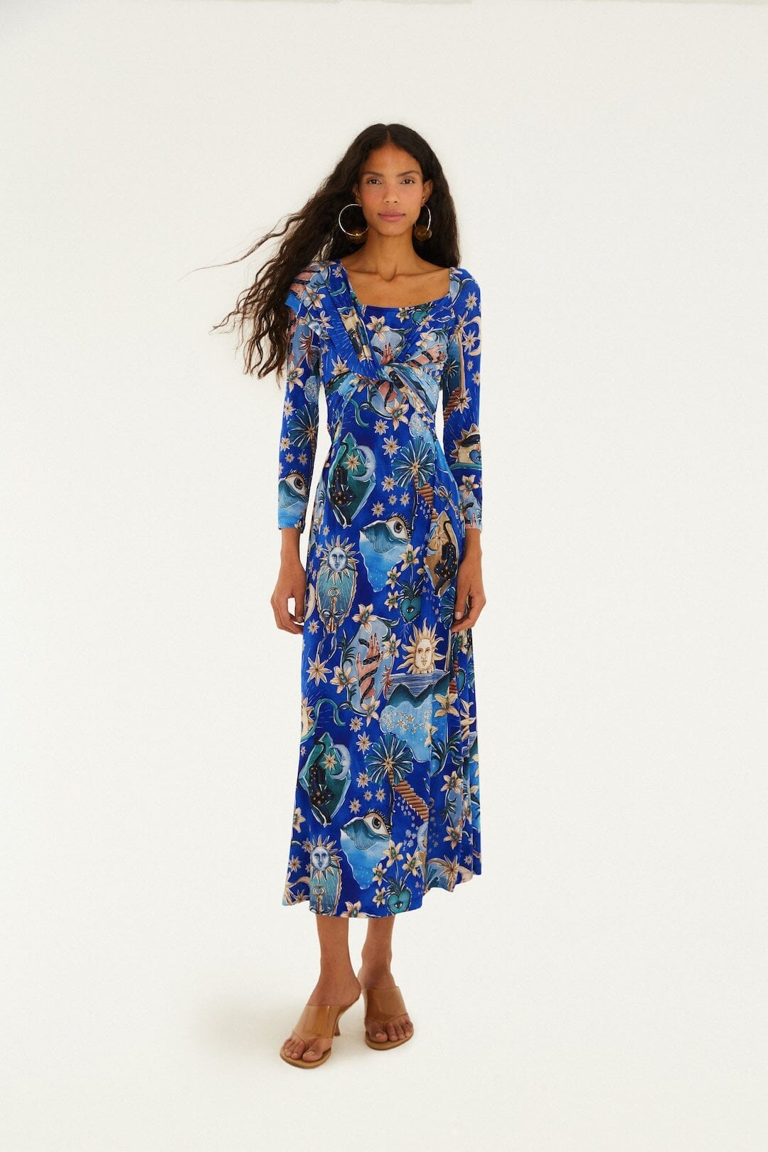 knee length dresses for ladies Blue Winter Tapestry Long Sleeve Maxi Dress main image 1