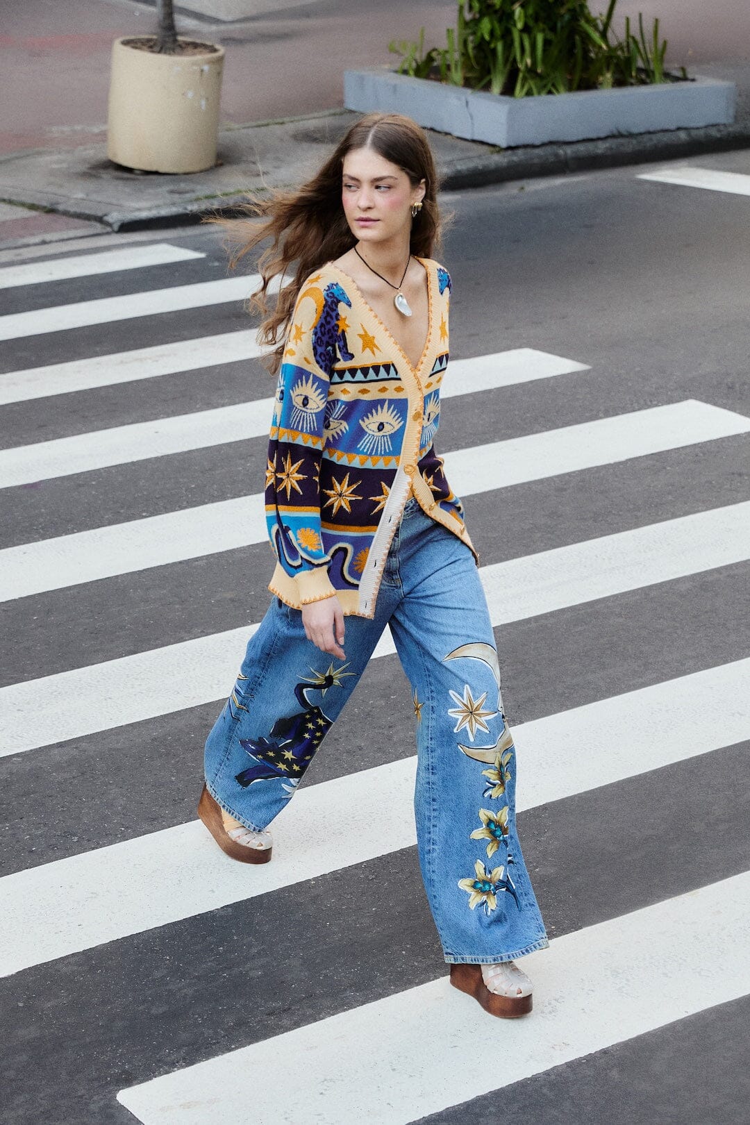 TATA FLASH × DENIM PRINT WIDE PANTS Denim Mystical Wide-Leg Pants | FARM Rio