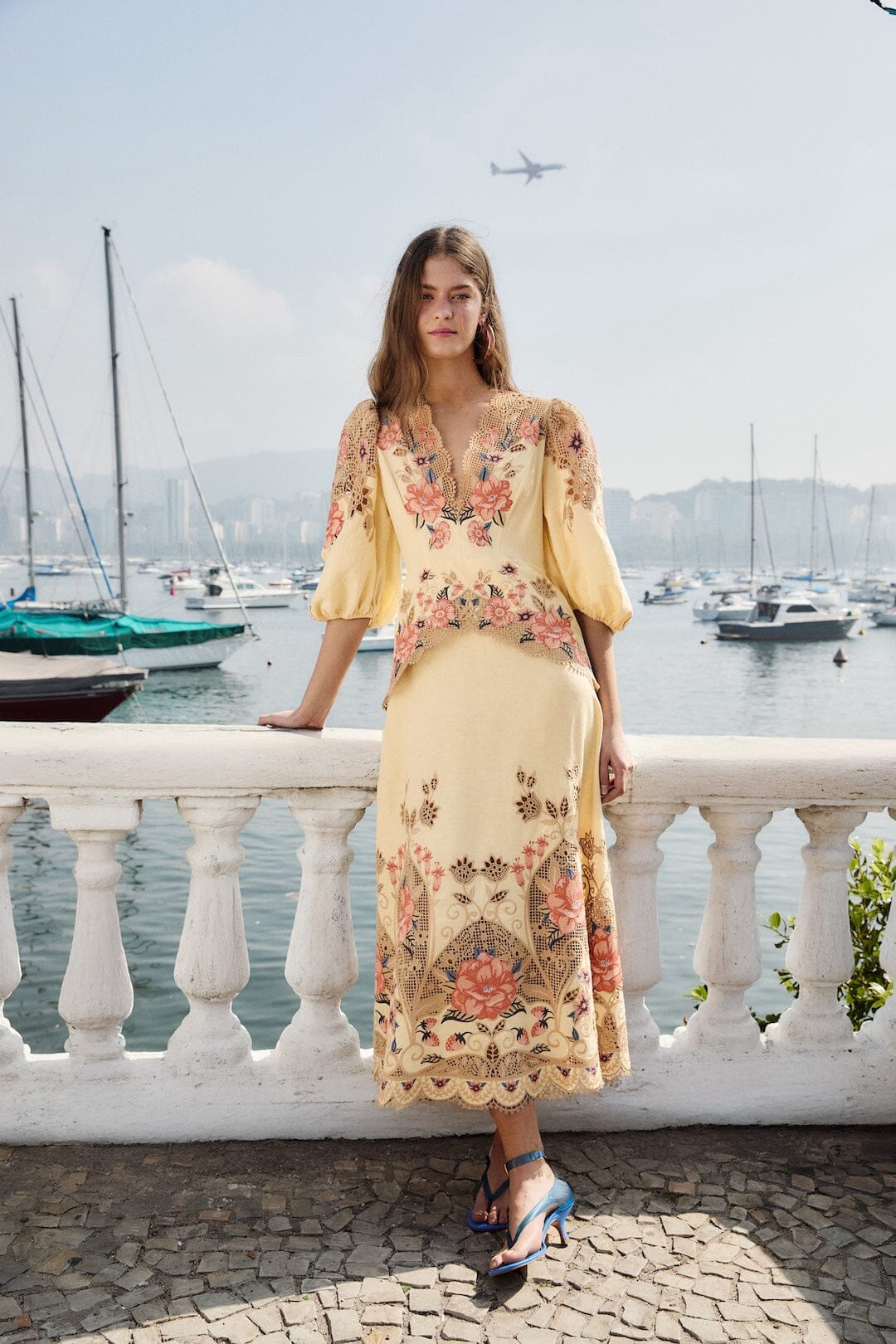 Butter Yellow Embroidered Lenzing Ecovero Euroflax Midi Dress | FARM Rio