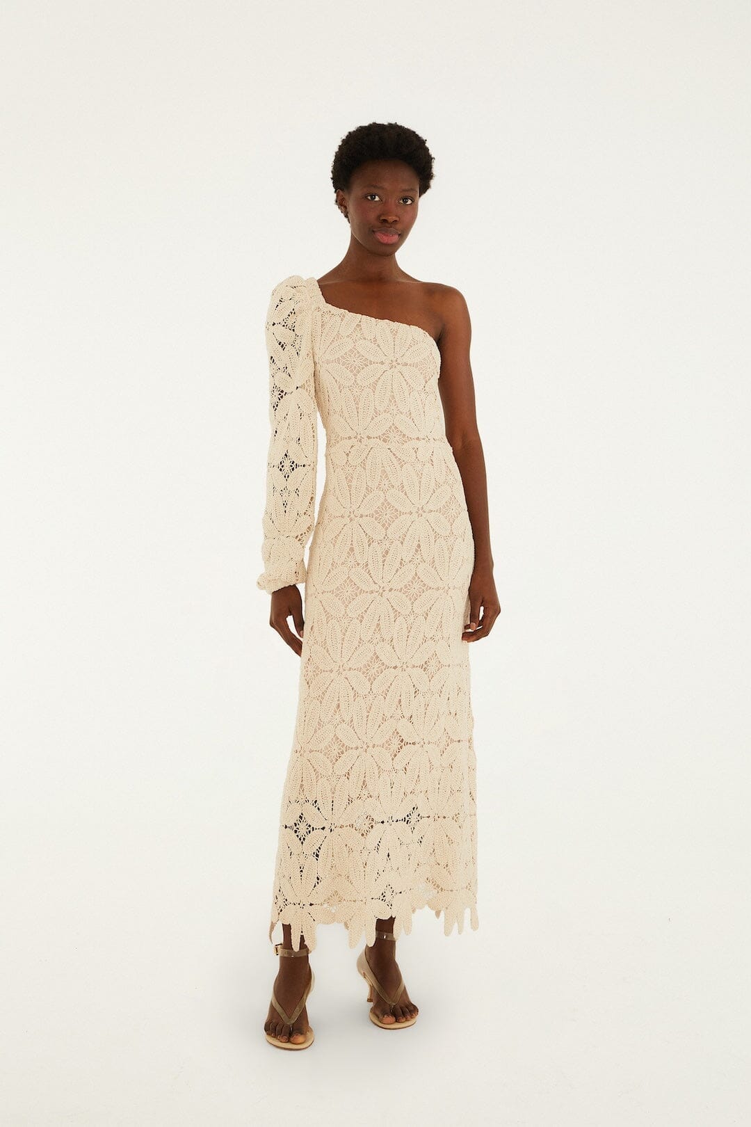 Off-White One-Shoulder Crochet Flower Maxi Dress