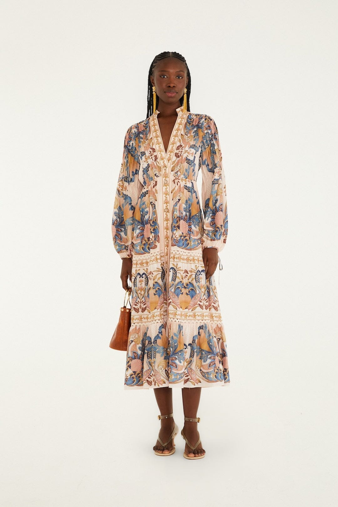 Soft Pink Sea Garden Scarf Pleated Midi Dress | FARM Rio