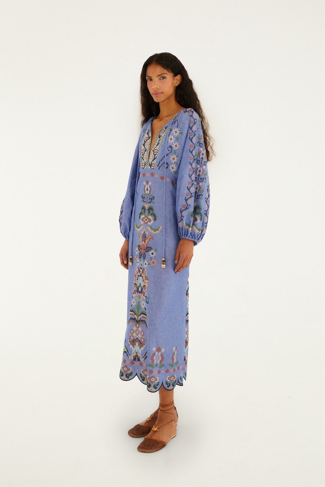 Blue Garden Tapestry Embroidered Long Sleeve Midi Dress