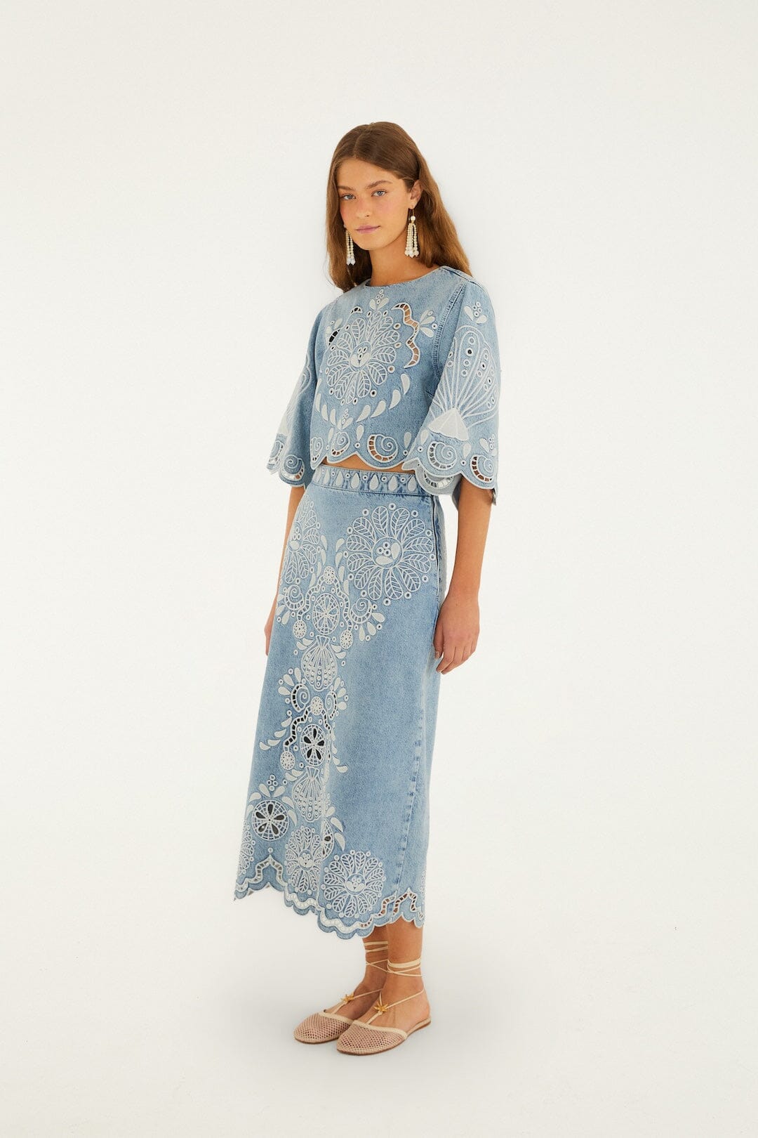 Denim Richelieu Midirock mit gewelltem Saum