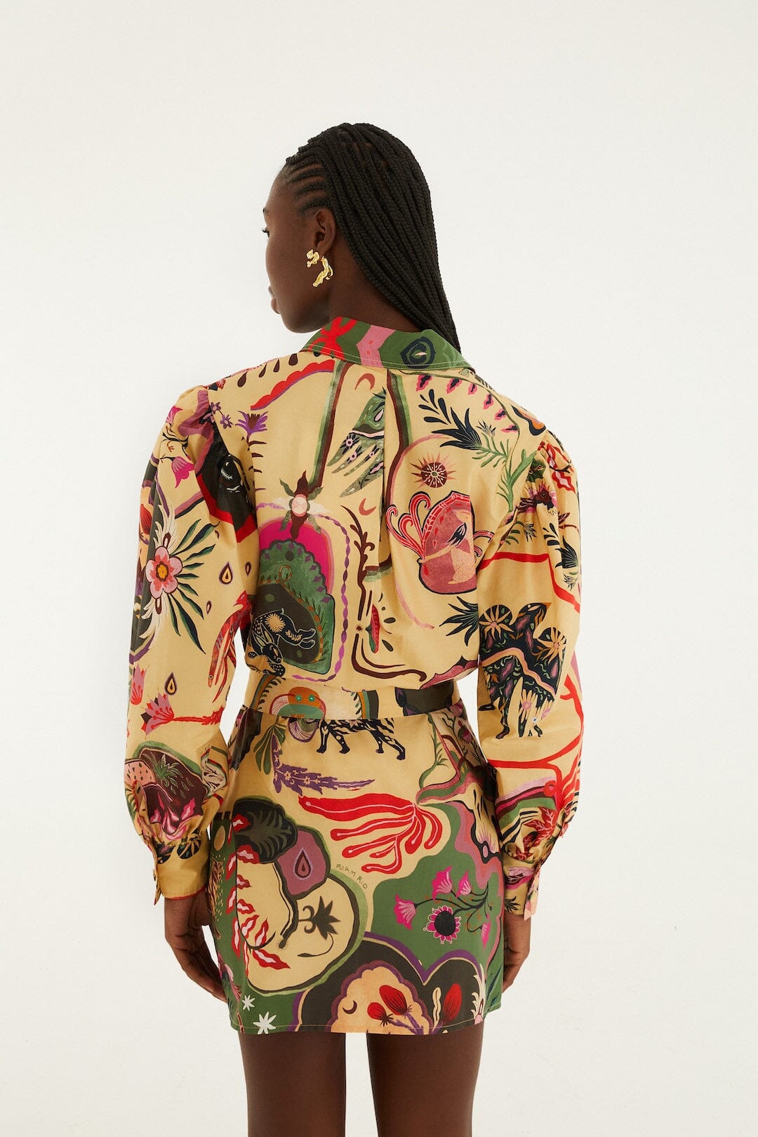 Beige Artsy Surreal Land Beaded Belt Organic Cotton Mini Dress