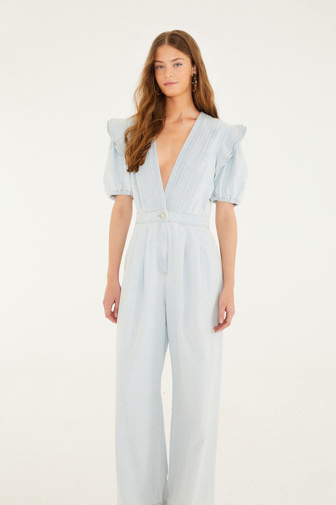 Denim V Neck Pleated Ruffled Jumpsuit