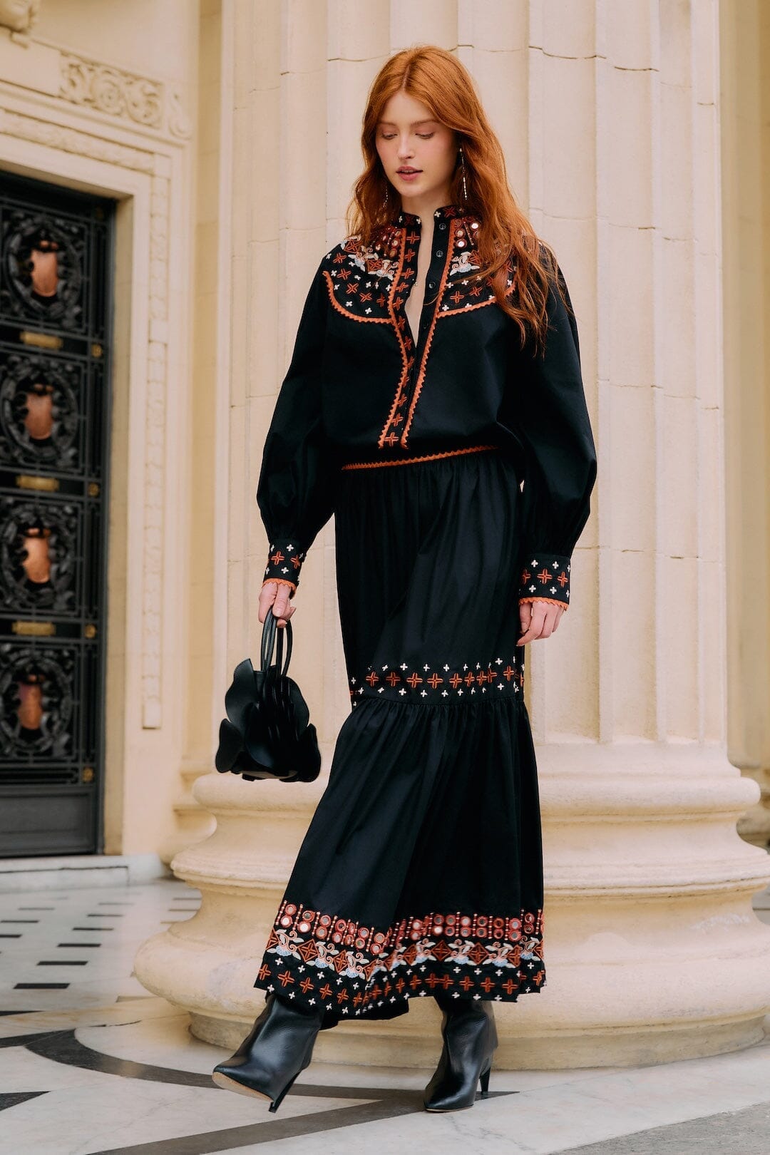 black dress with flowy skirt Embroidered Tiered Maxi plus size sewing pattern