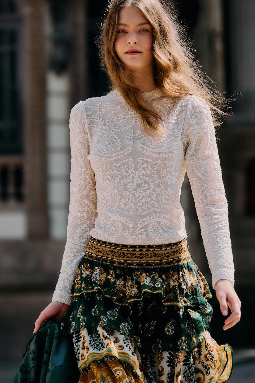 Off-White Embroidered Crew Neck Long Sleeve Blouse | FARM Rio