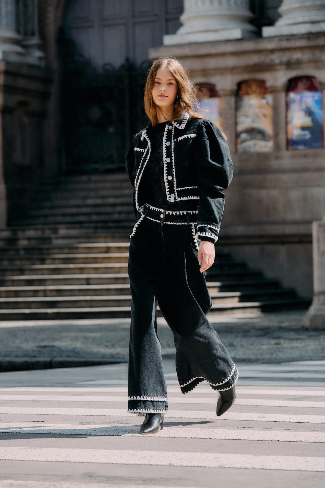 Black Crochet Embroidery Wide-Leg Denim Pants | FARM Rio