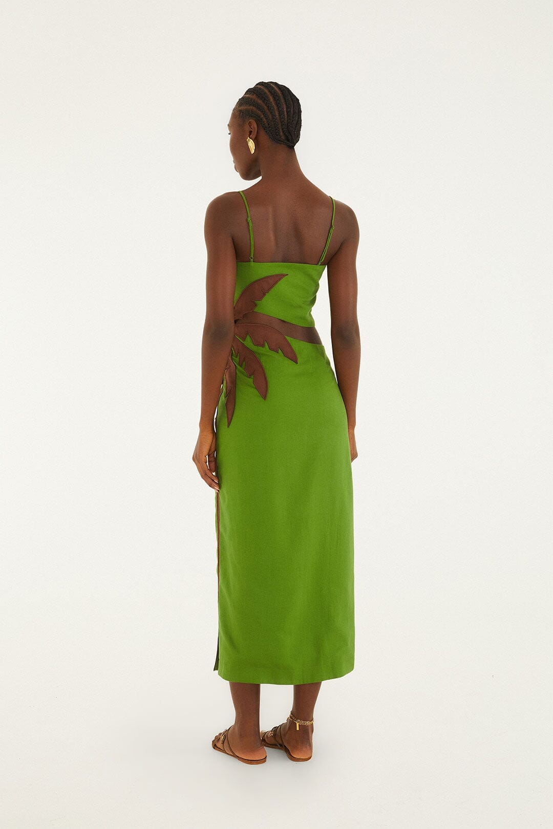 Vestido midi verde con palmera en 3D y aberturas