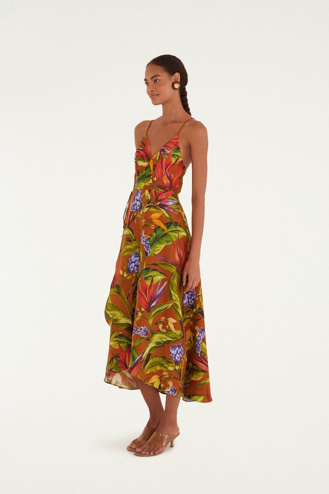 Braunes Florart Euroflax™ Premium Leinen-Midi-Wickelkleid