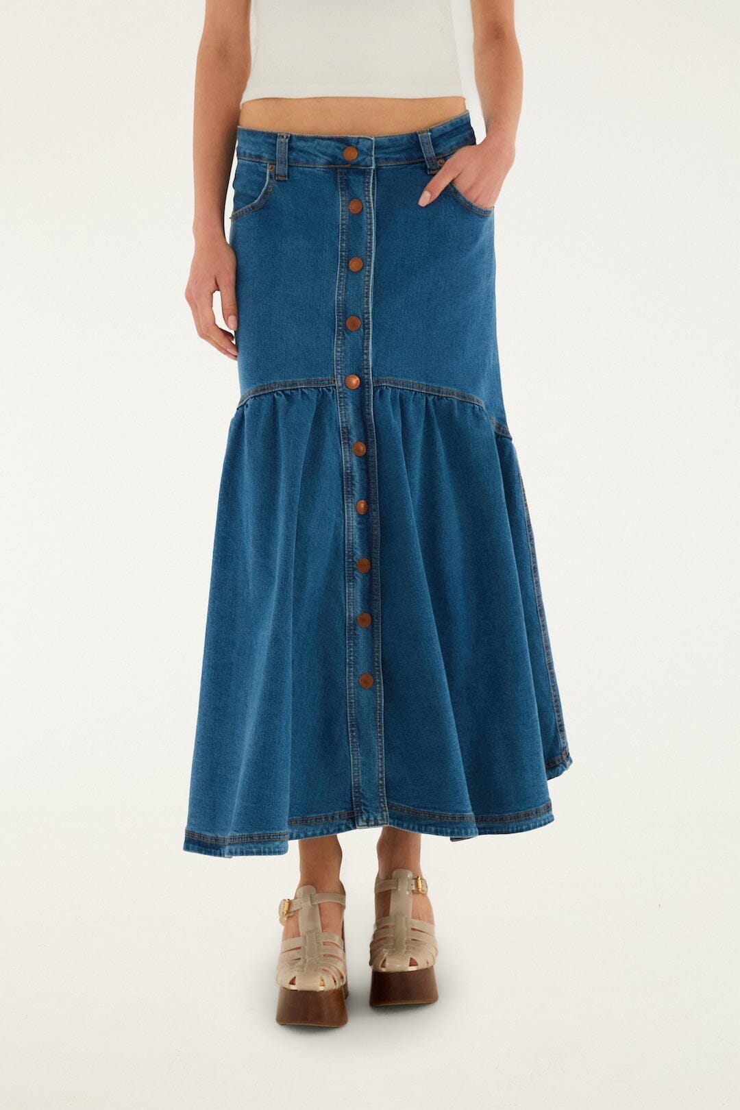 langer Jeansrock mit Einsätzen