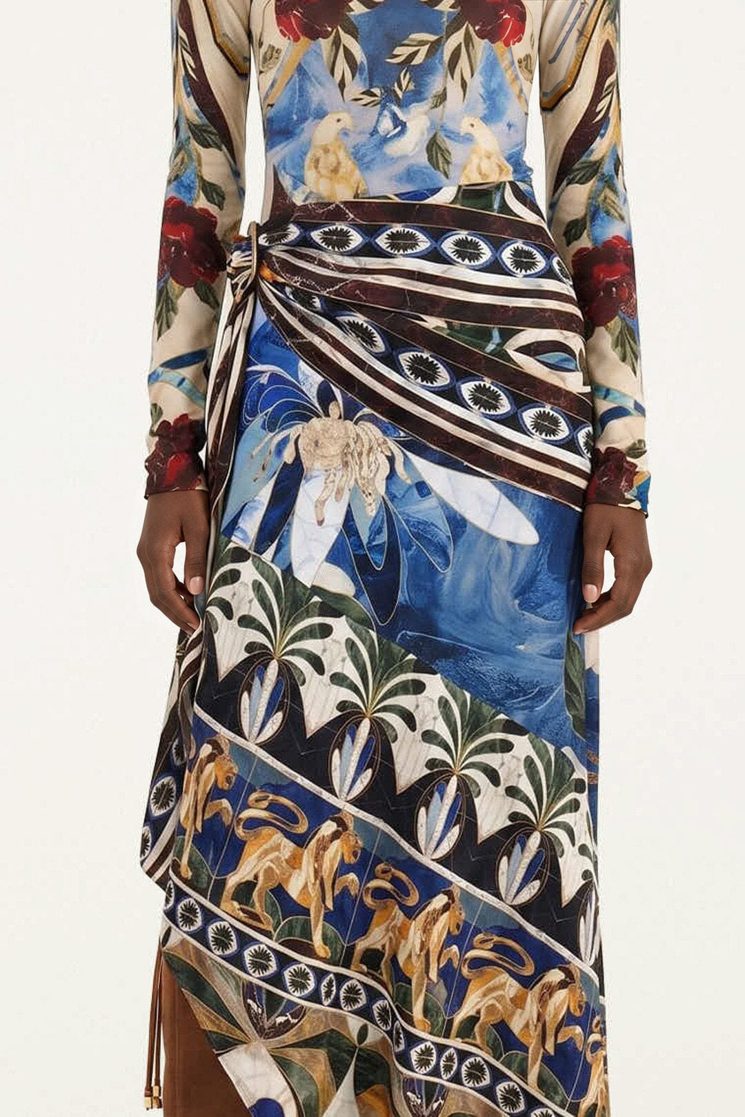 FARM Rio model wearing the Ainika Pietra Dura Removable Scarf Maxi Skirt