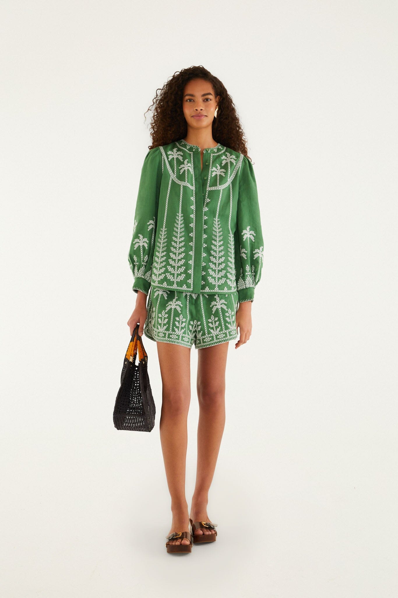 FARM Rio model wearing the Bicolor Cross Stich Embroidery Blouse Long Sleeve