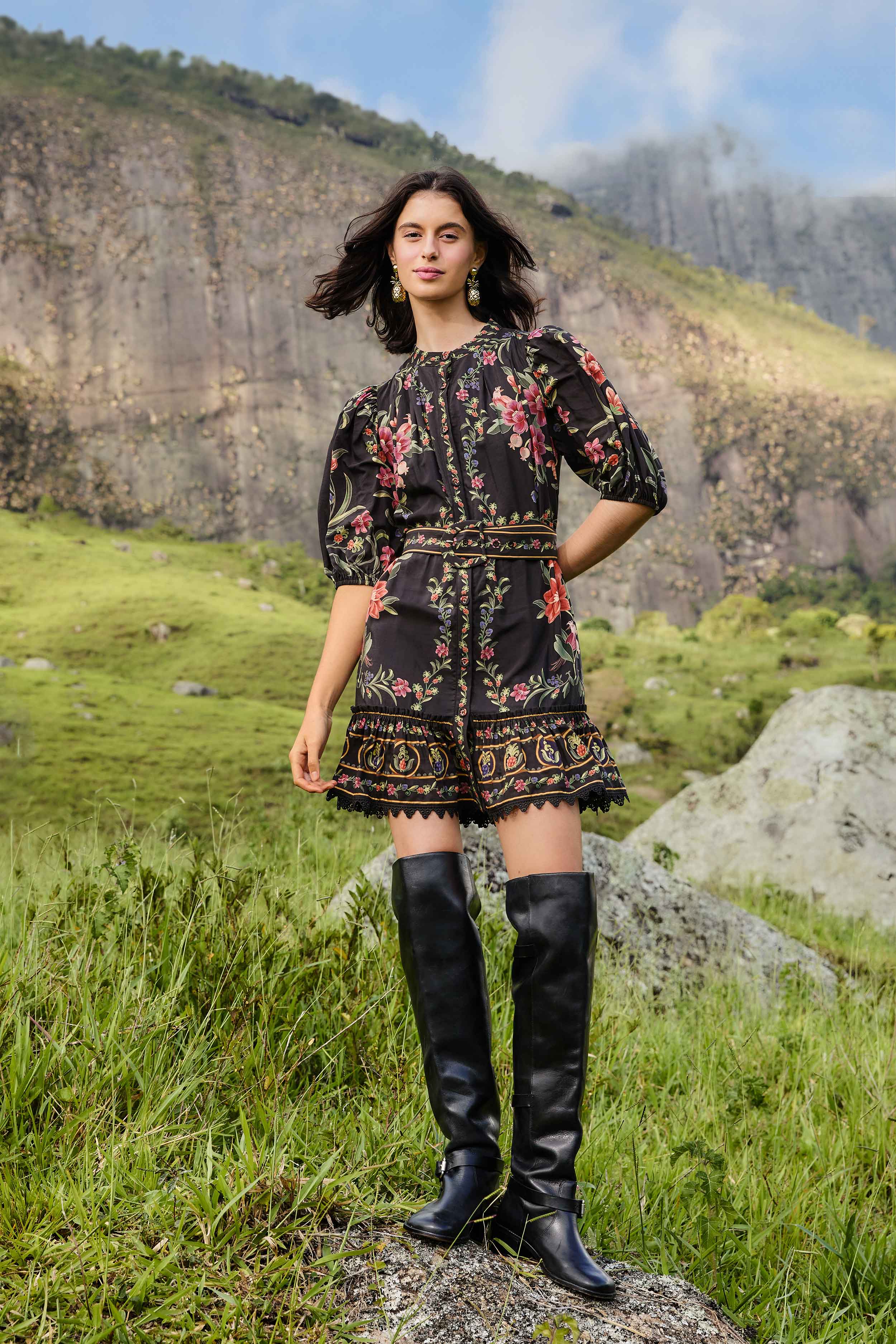 Black Belle Garden Lace Belted Mini Dress | FARM Rio Black Belle Garden Lace Belted Mini Dress | FARM Rio