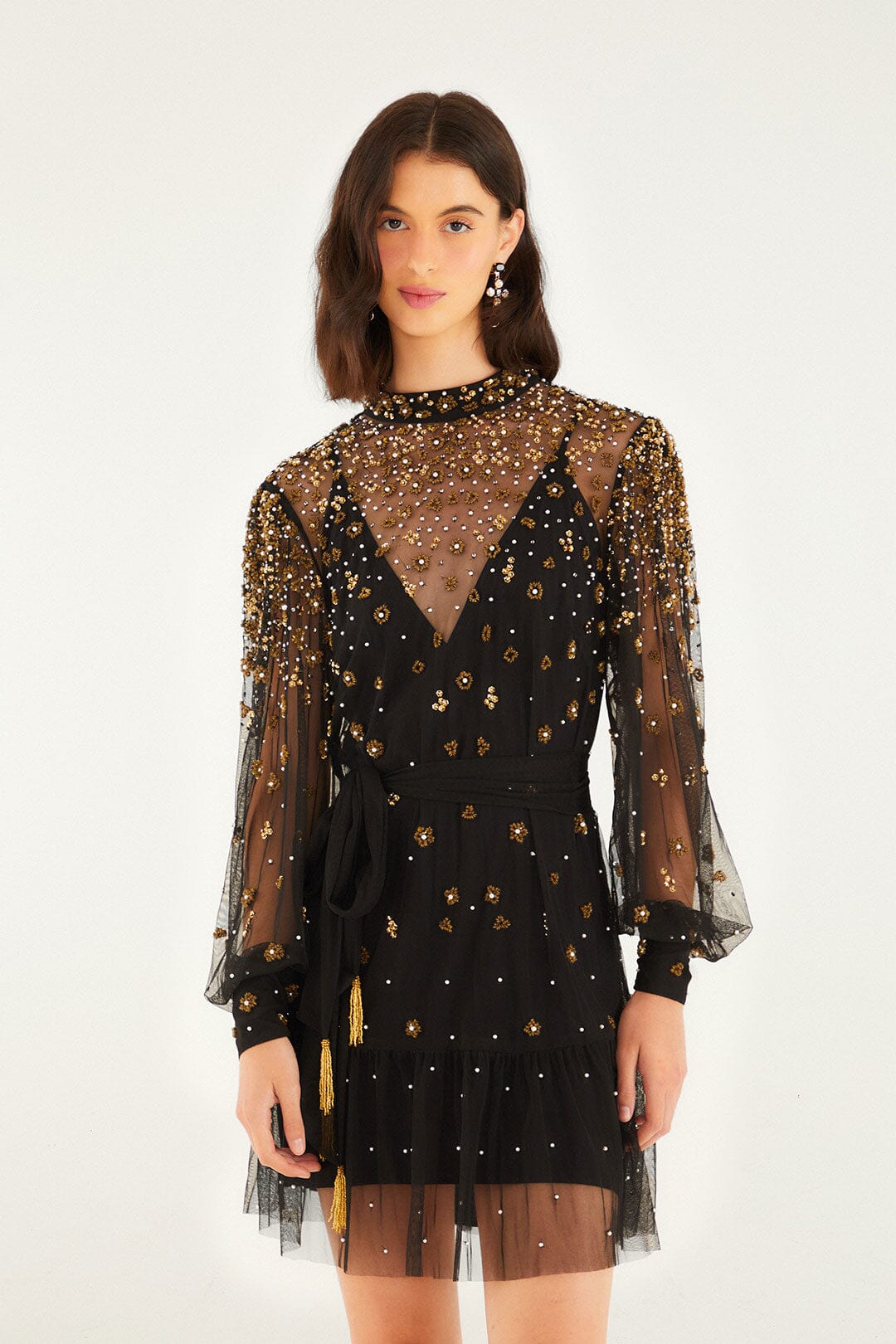 Black Embroidered Tulle Belted Long Sleeve Mini Dress