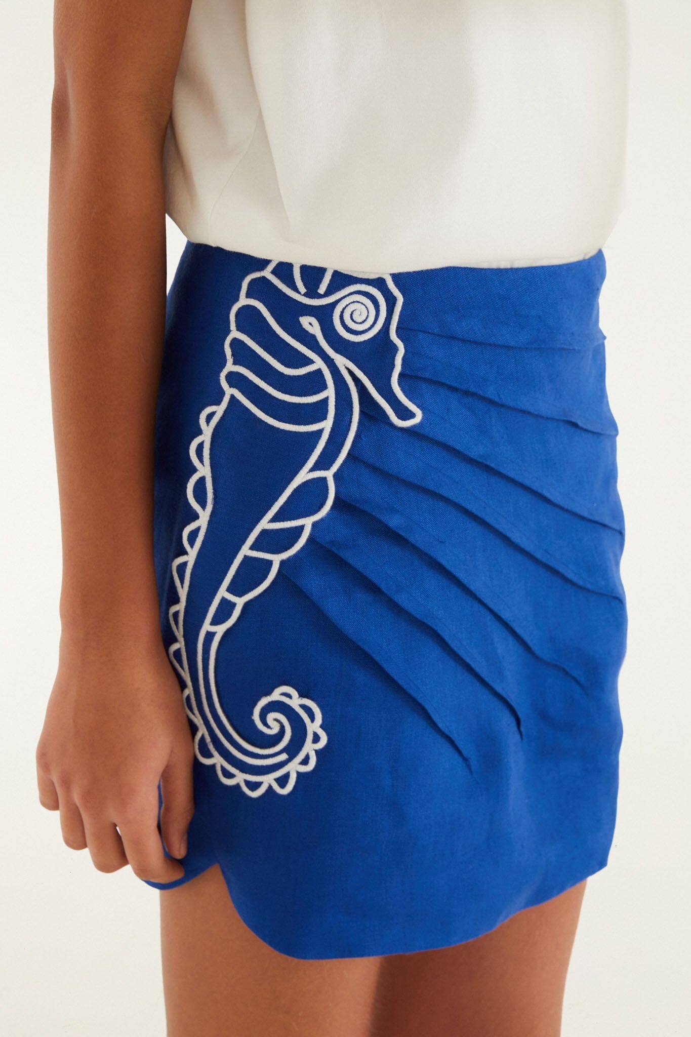 Blue Seahorse Embroidery Euroflax Premium Linen Mini Skirt
