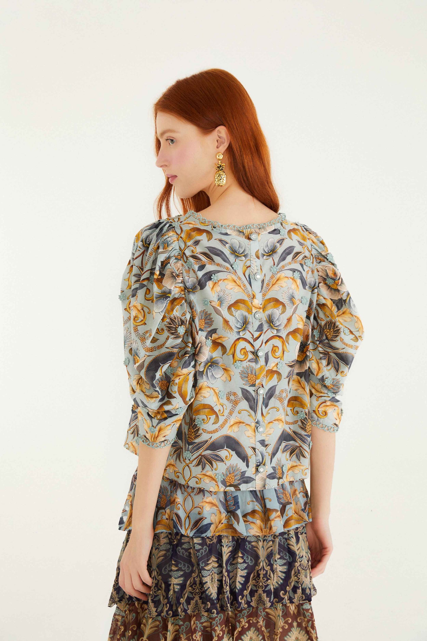 FARM Rio model wearing the Blue Snake Garden 3d Applique Blouse