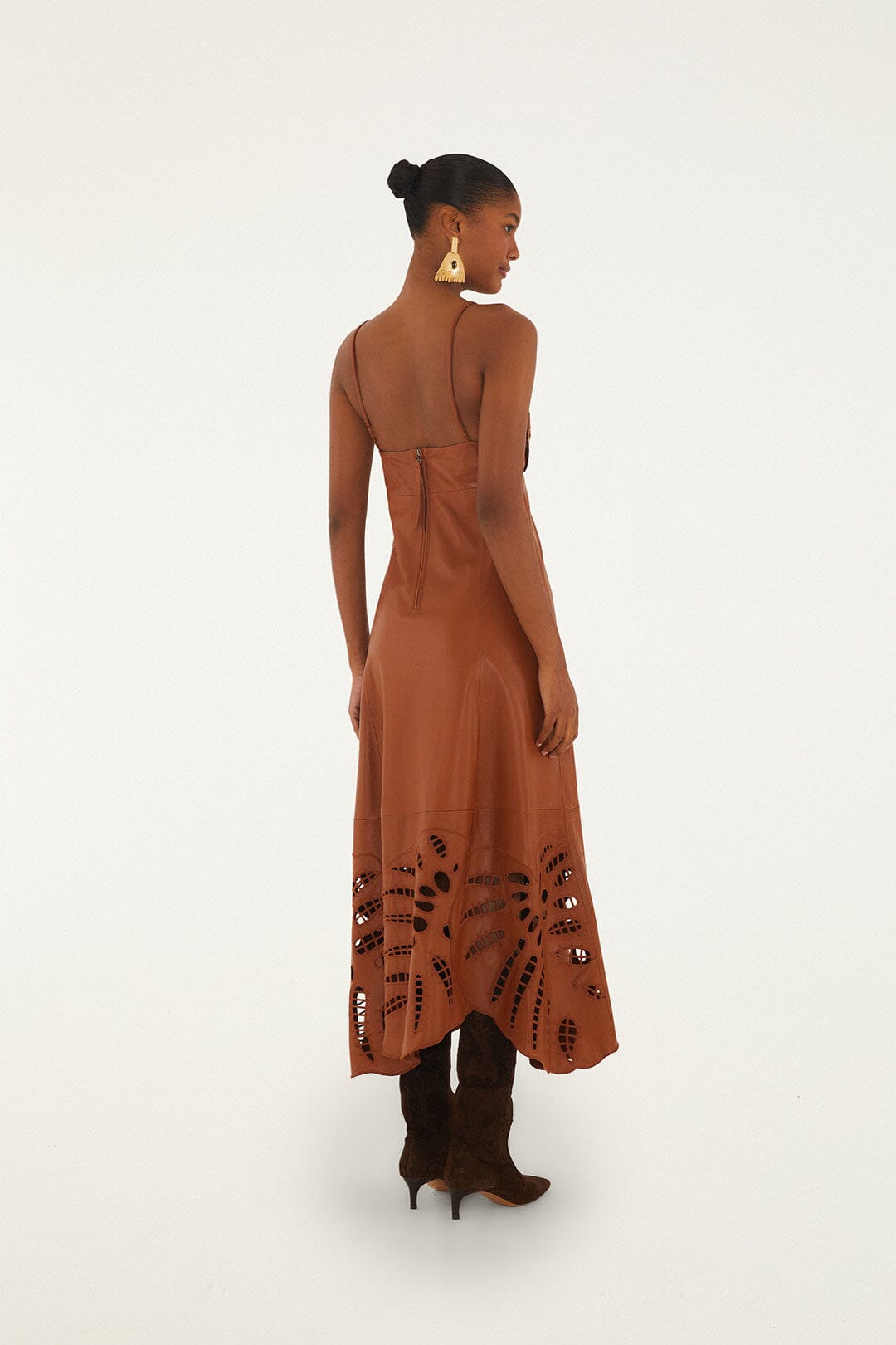 FARM Rio model wearing the Brown Monstera Cutwork Leather Midi Dress
