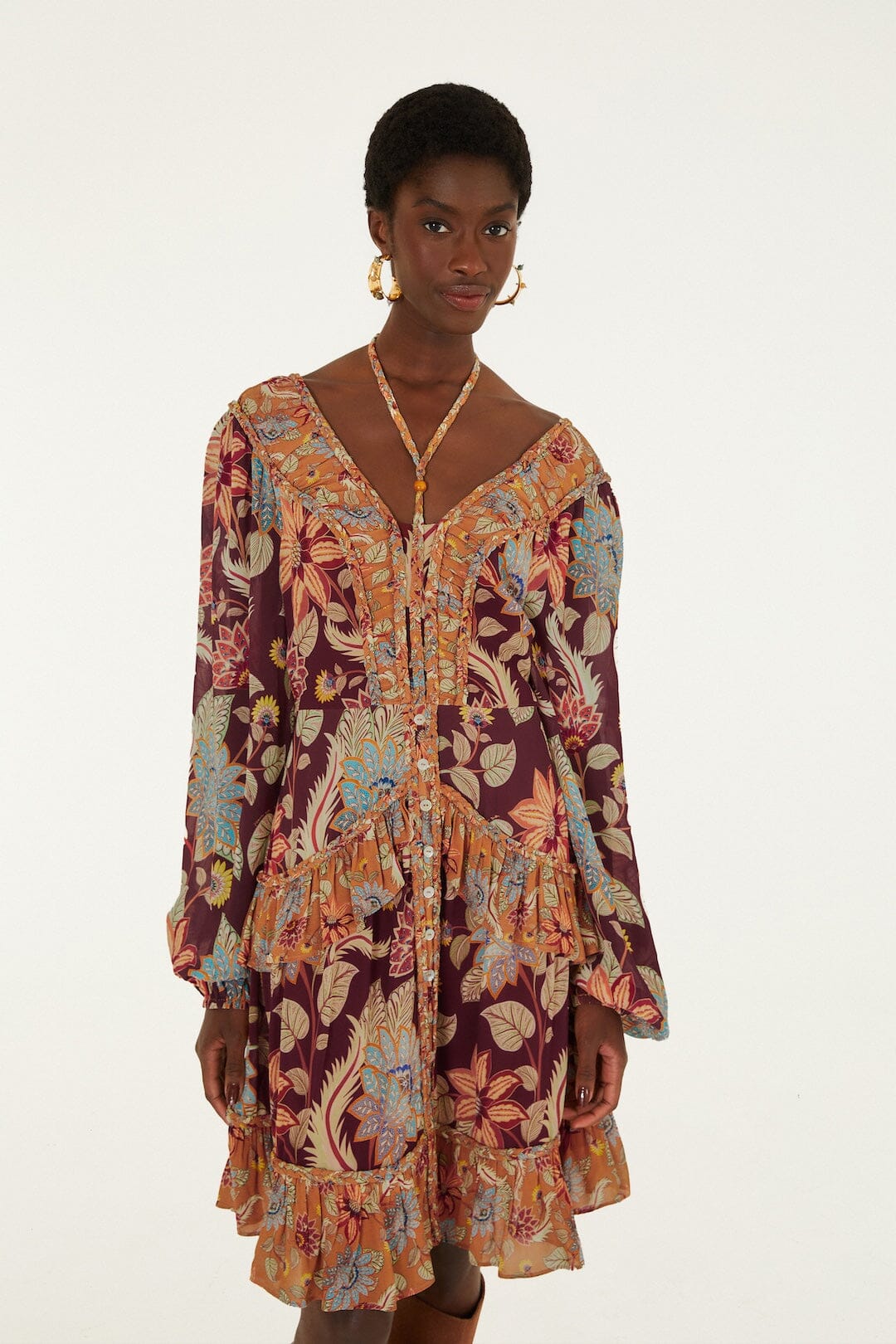 FARM Rio model wearing the Delhi Floral Mixed Mini Dress