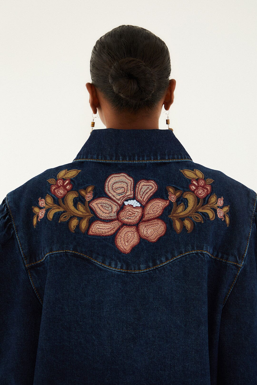 FARM Rio model wearing the Denim Flower Embroidery Jacket
