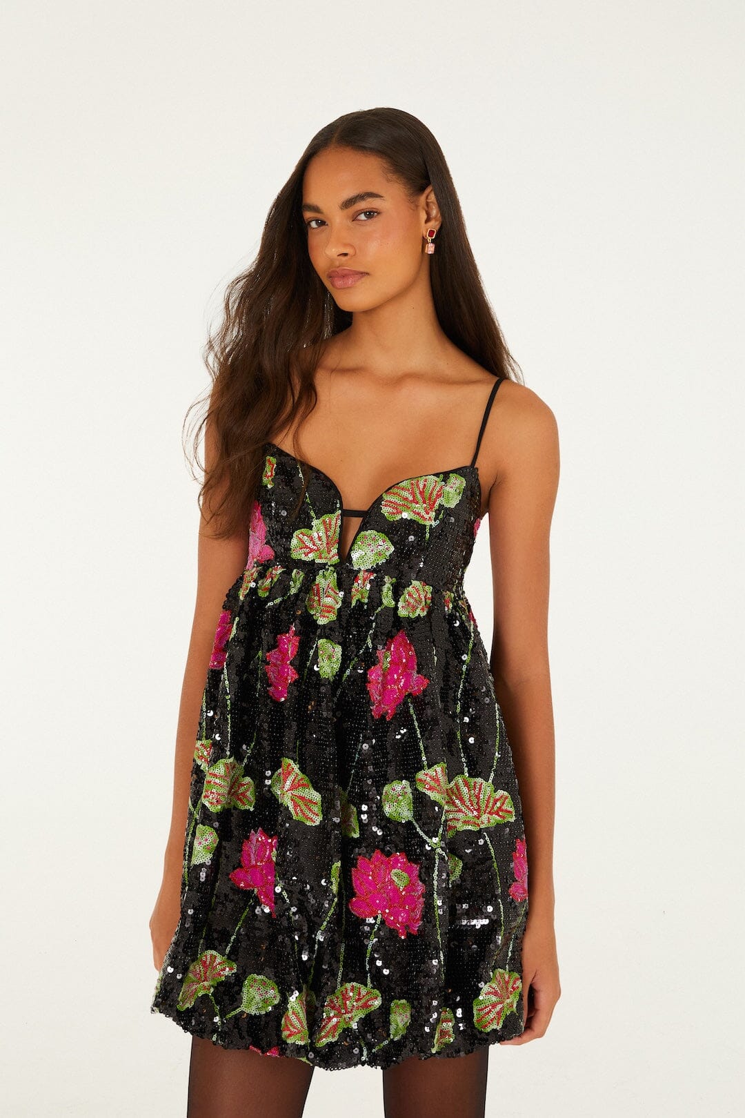 FARM Rio model wearing the Flower Sequins Sleeveless Mini Dress