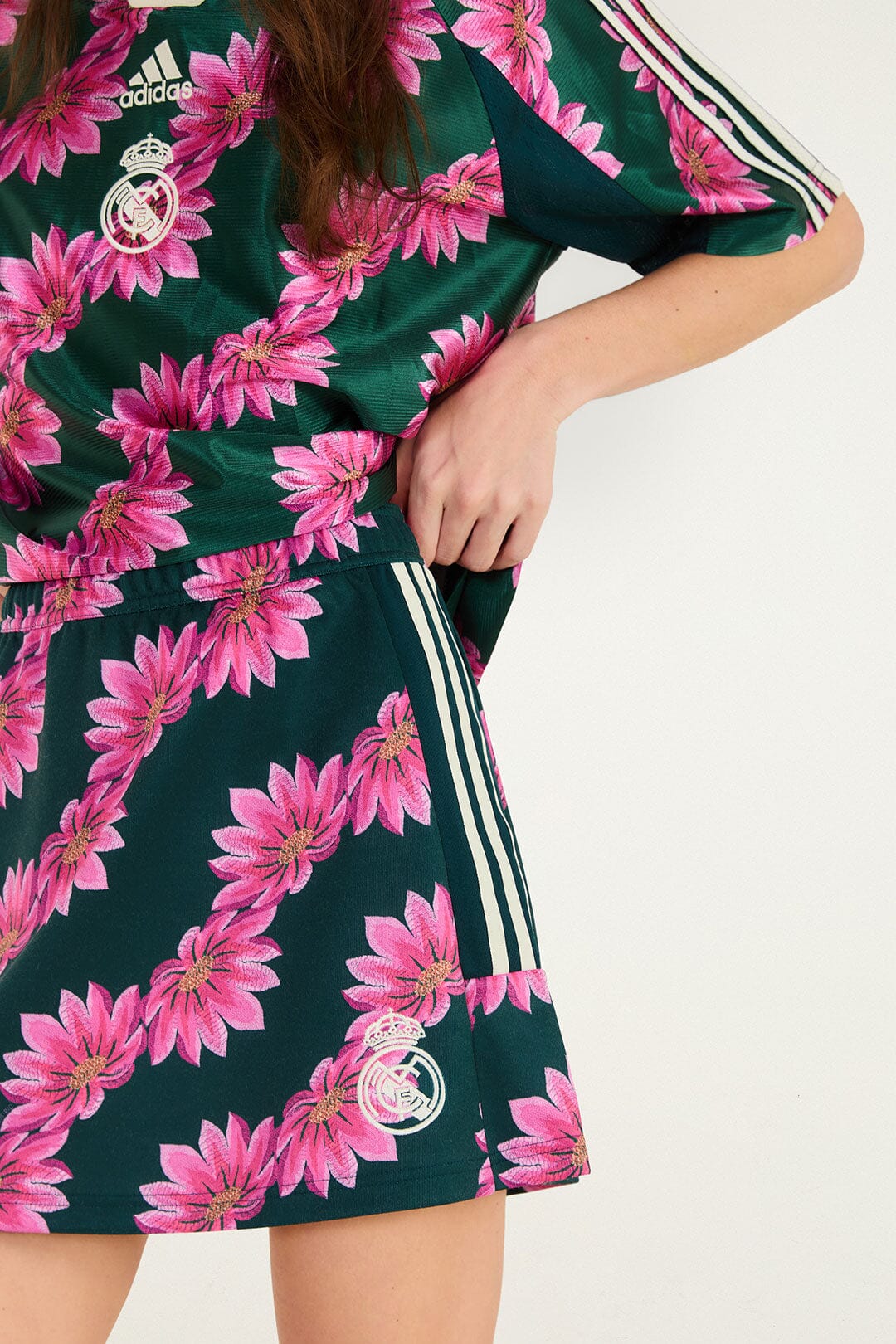 FARM Rio model wearing the Flowerbana Green Adidas Skirt