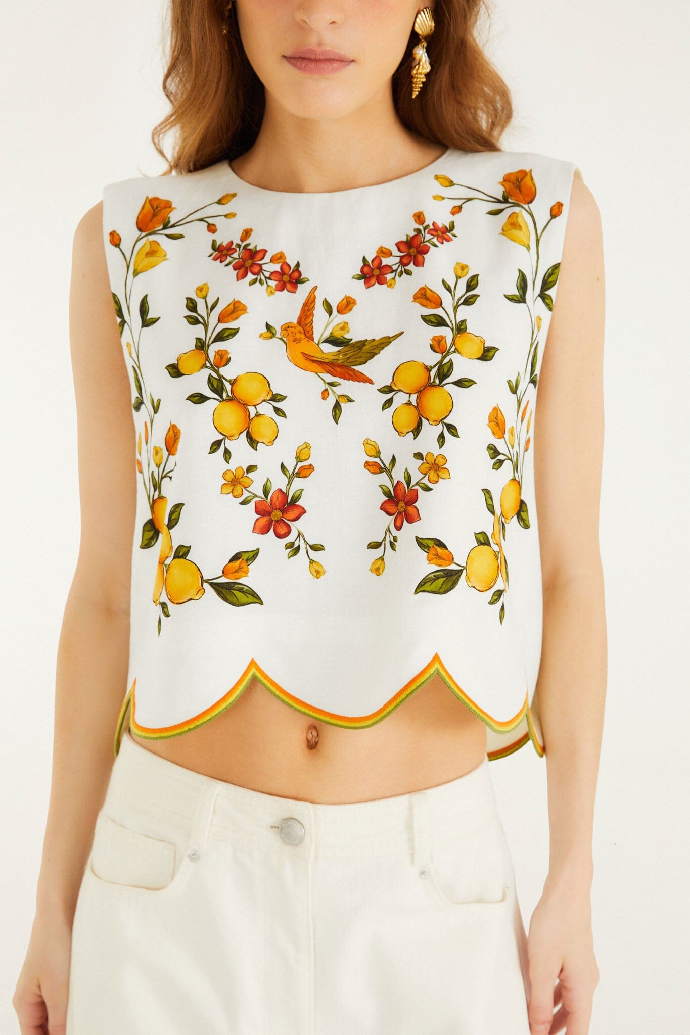 FARM Rio model wearing the Lemon Bouquet Off-White Blouse