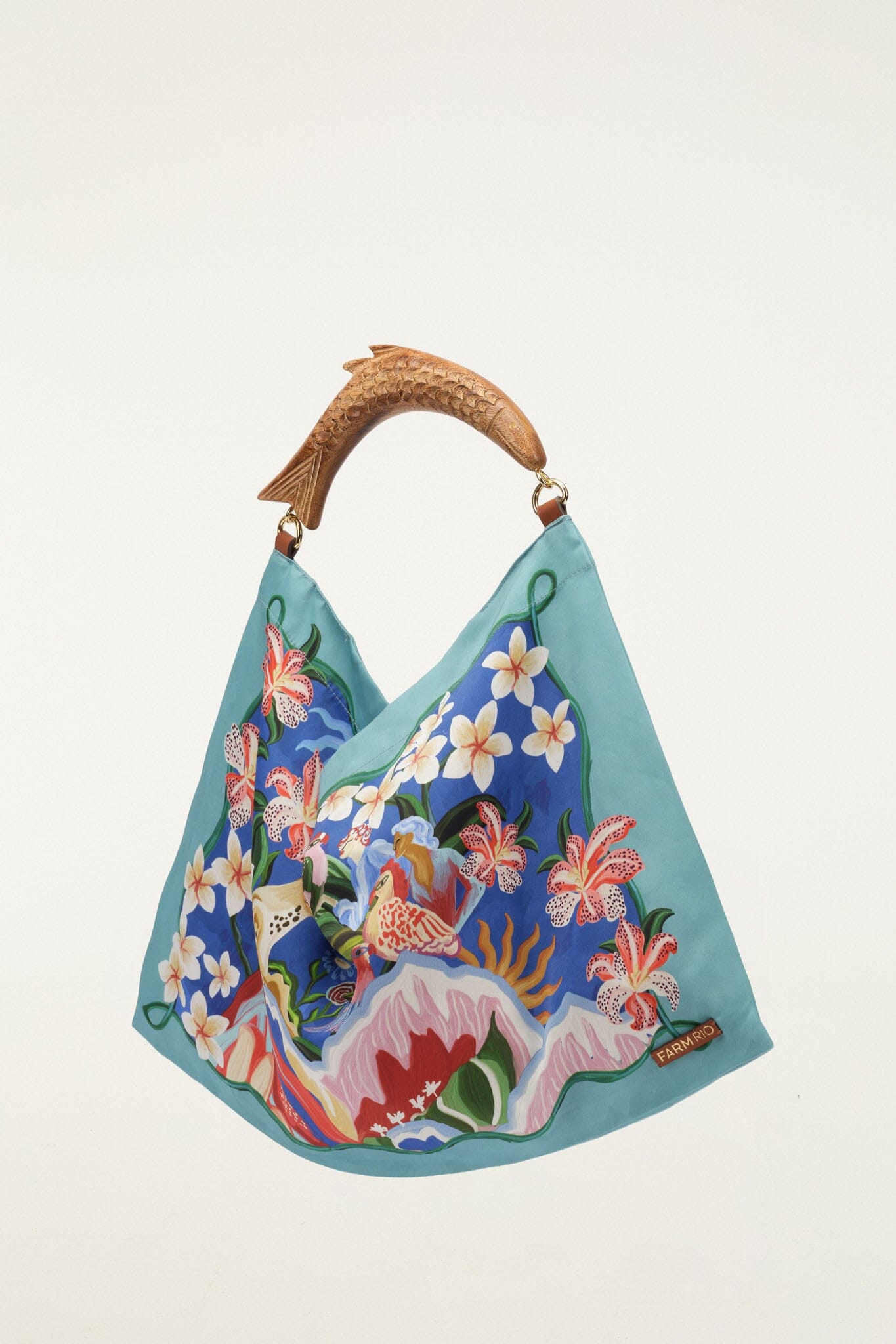 FARM Rio model wearing the Light Blue Satin Small Scarf Bag