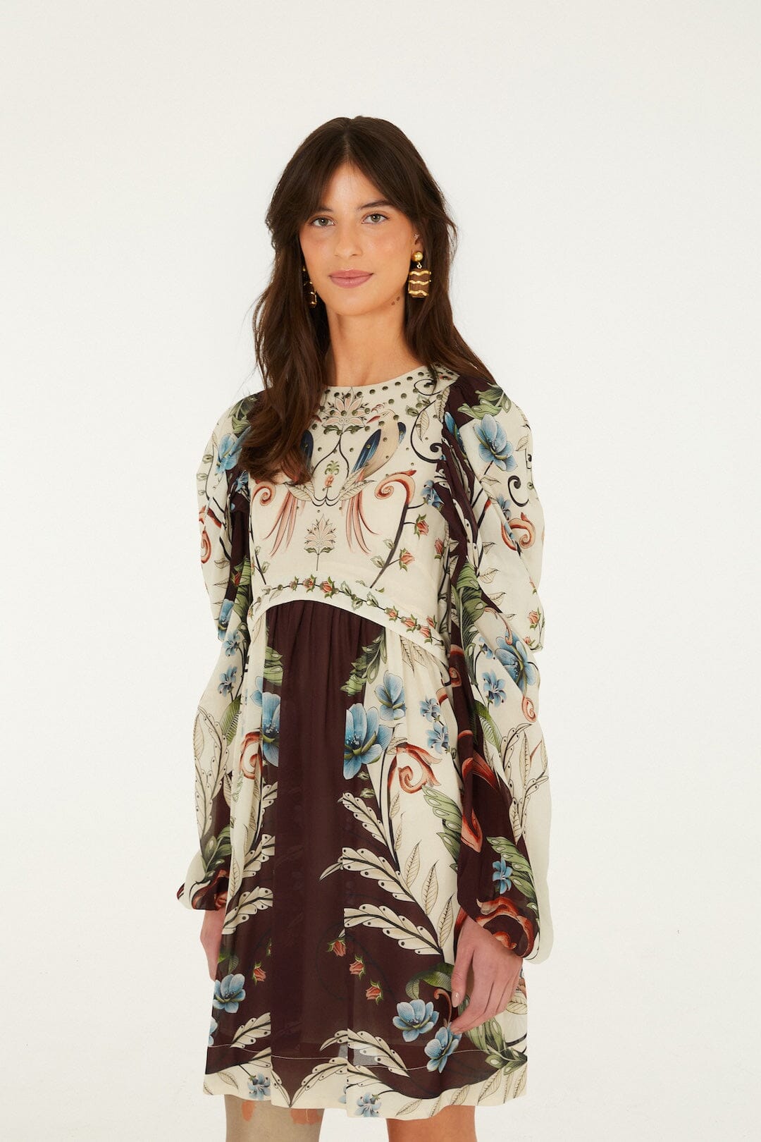 FARM Rio model wearing the Millena Long Sleeves Mini Dress