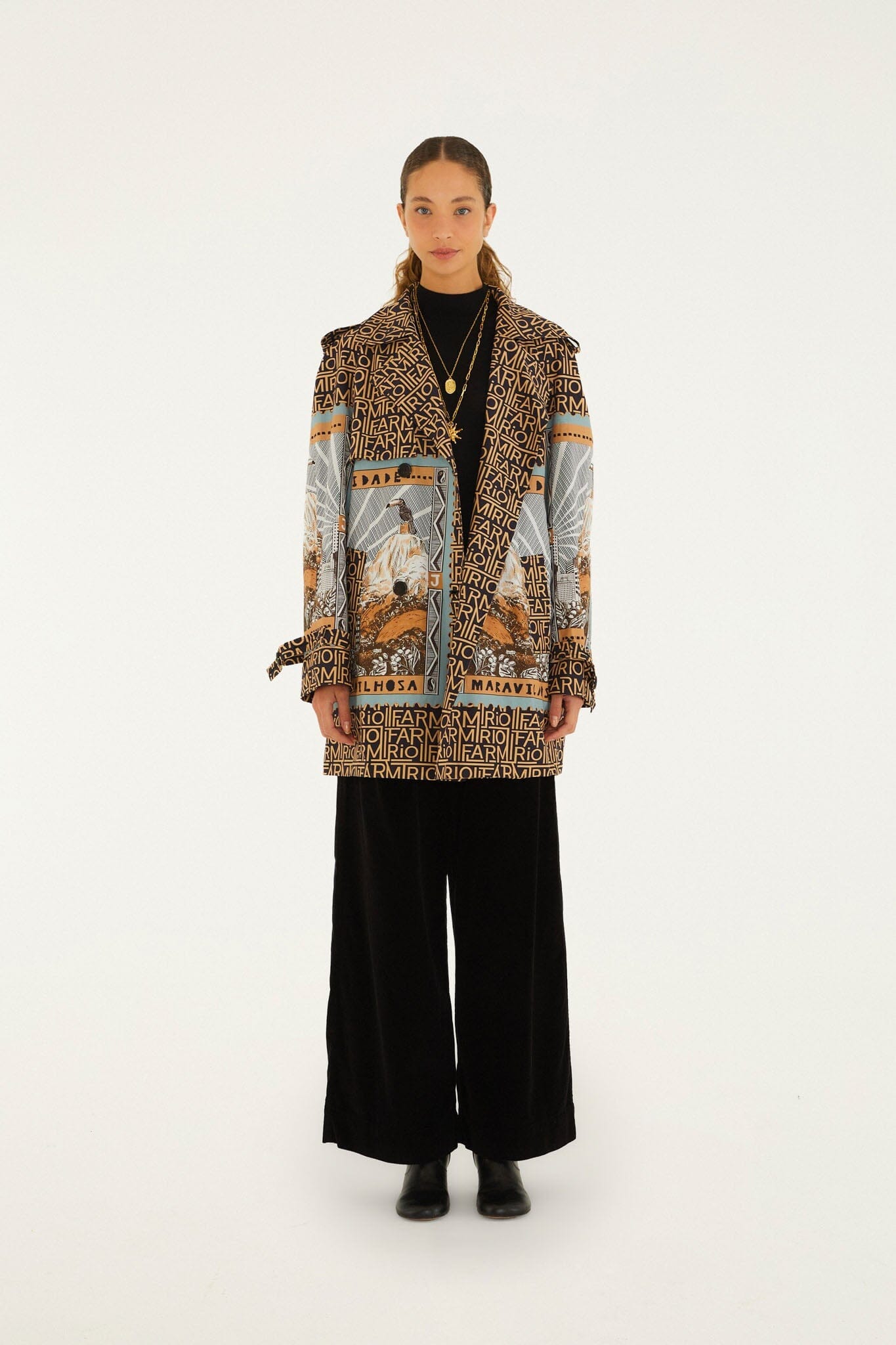 Mixed Carioca Coffee Scarves Trench Coat