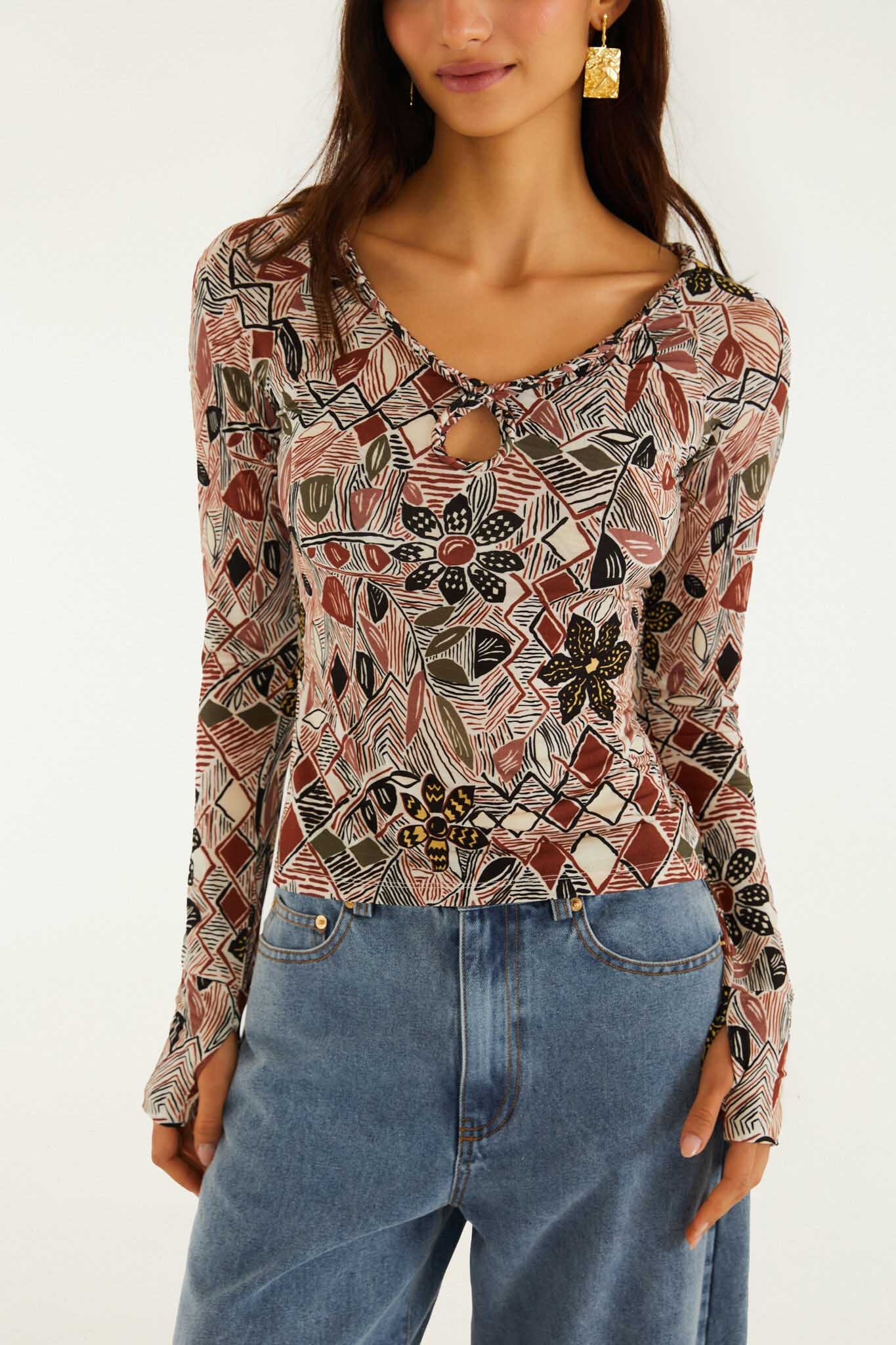 FARM Rio model wearing the Multicolor Rustic Flowers Long Sleeve Top