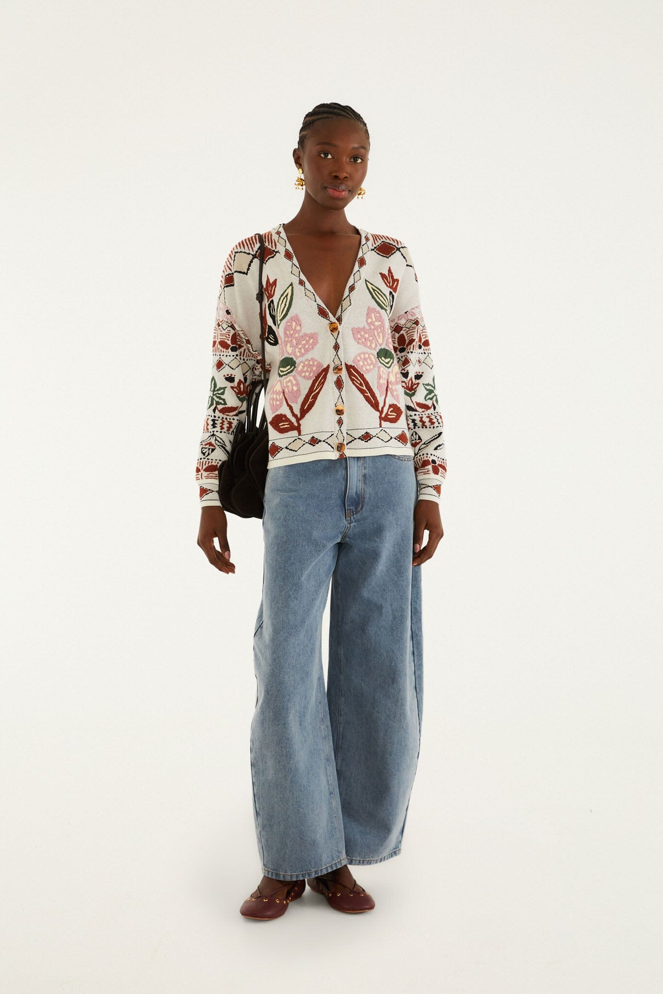 FARM Rio model wearing the Off-White Ainika Embroidered Flower Knit Cardigan