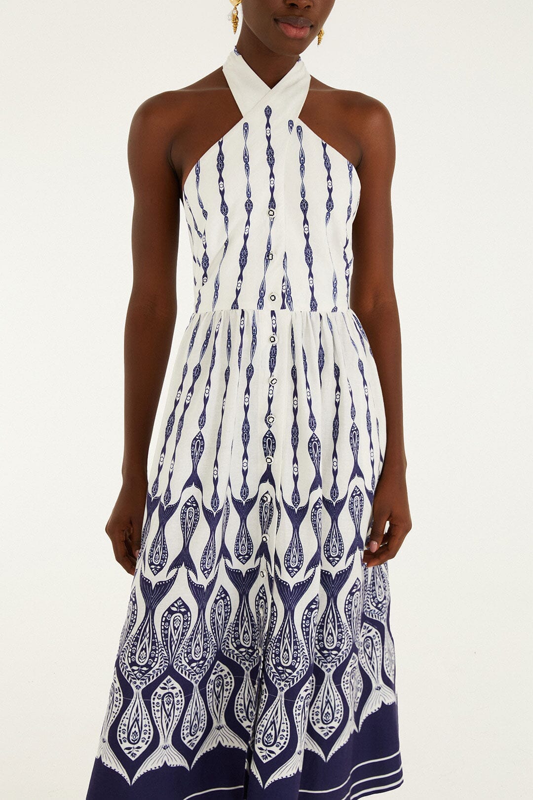 Off-White Fishes Flow Halter Neck Lenzing Ecovero Euroflax Midi Dress