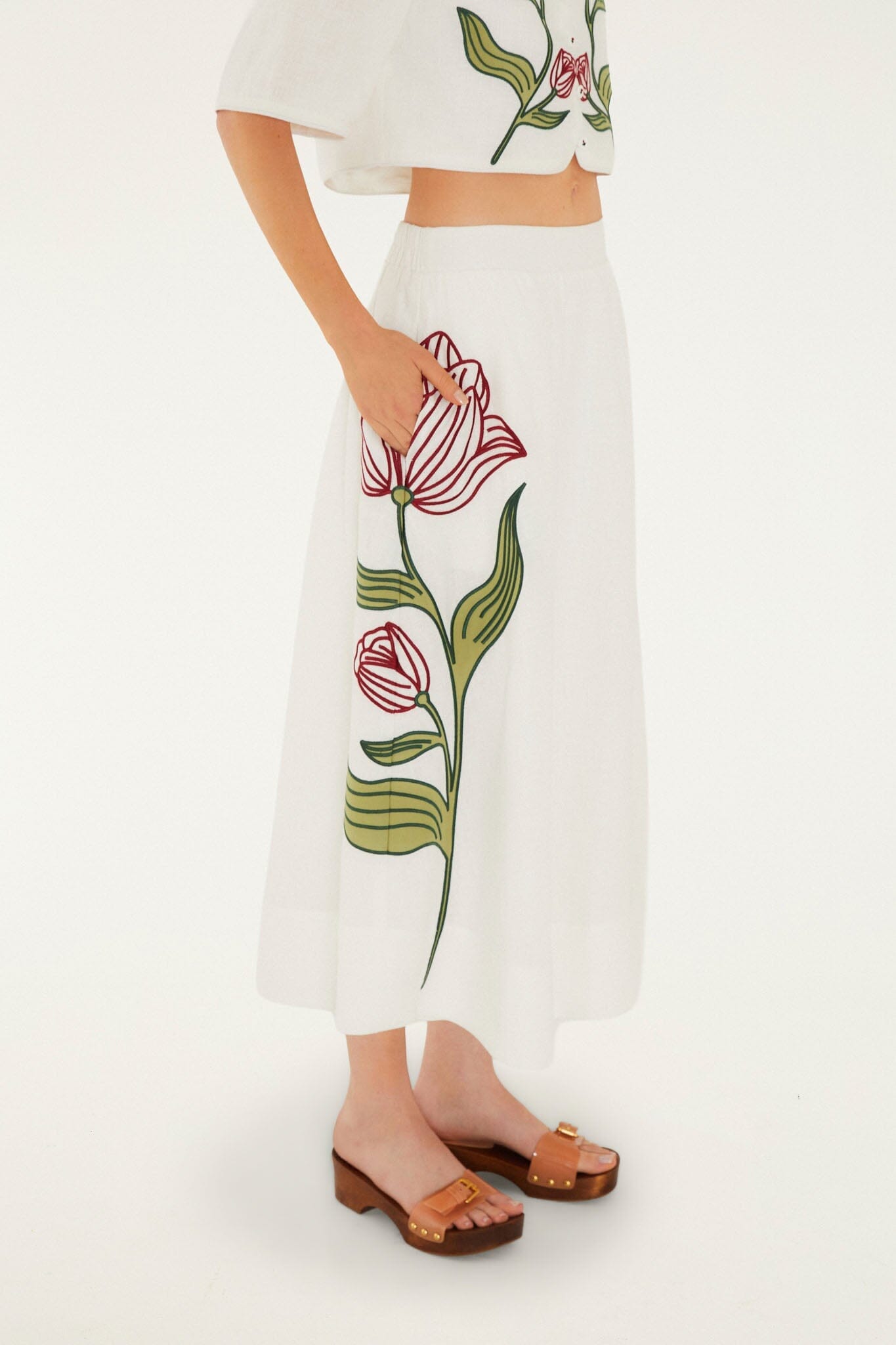 Off-White Flower Embroidered Midi Skirt