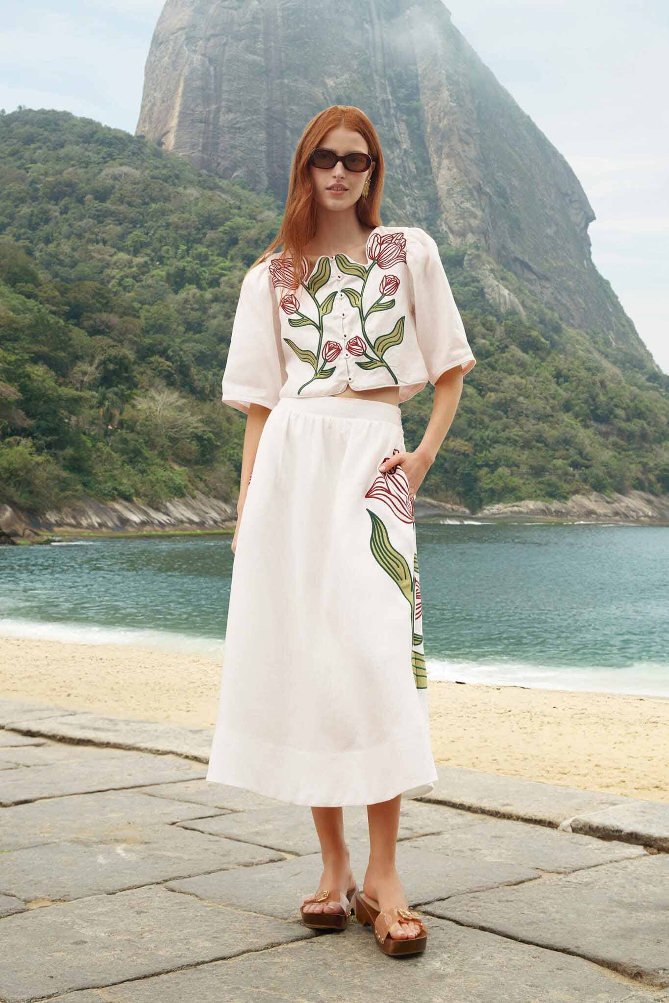 Off-White Flower Embroidered Euroflax™ Premium Linen Midi Skirt