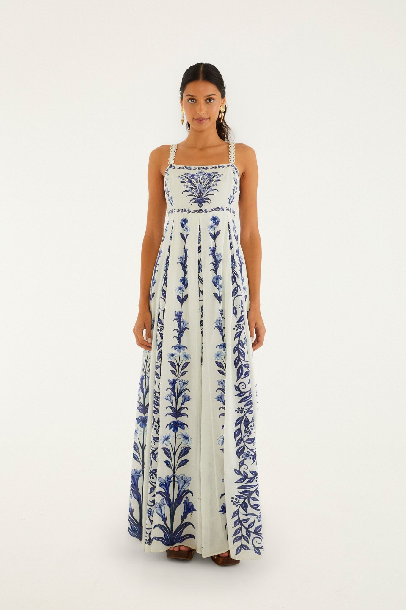 white maxi dress with blue flowers Zapaka Women White Blue Flower Maxi Dress A Line Ruffled High-Low Wedding Guest Dress, White Blue Flower / US20W