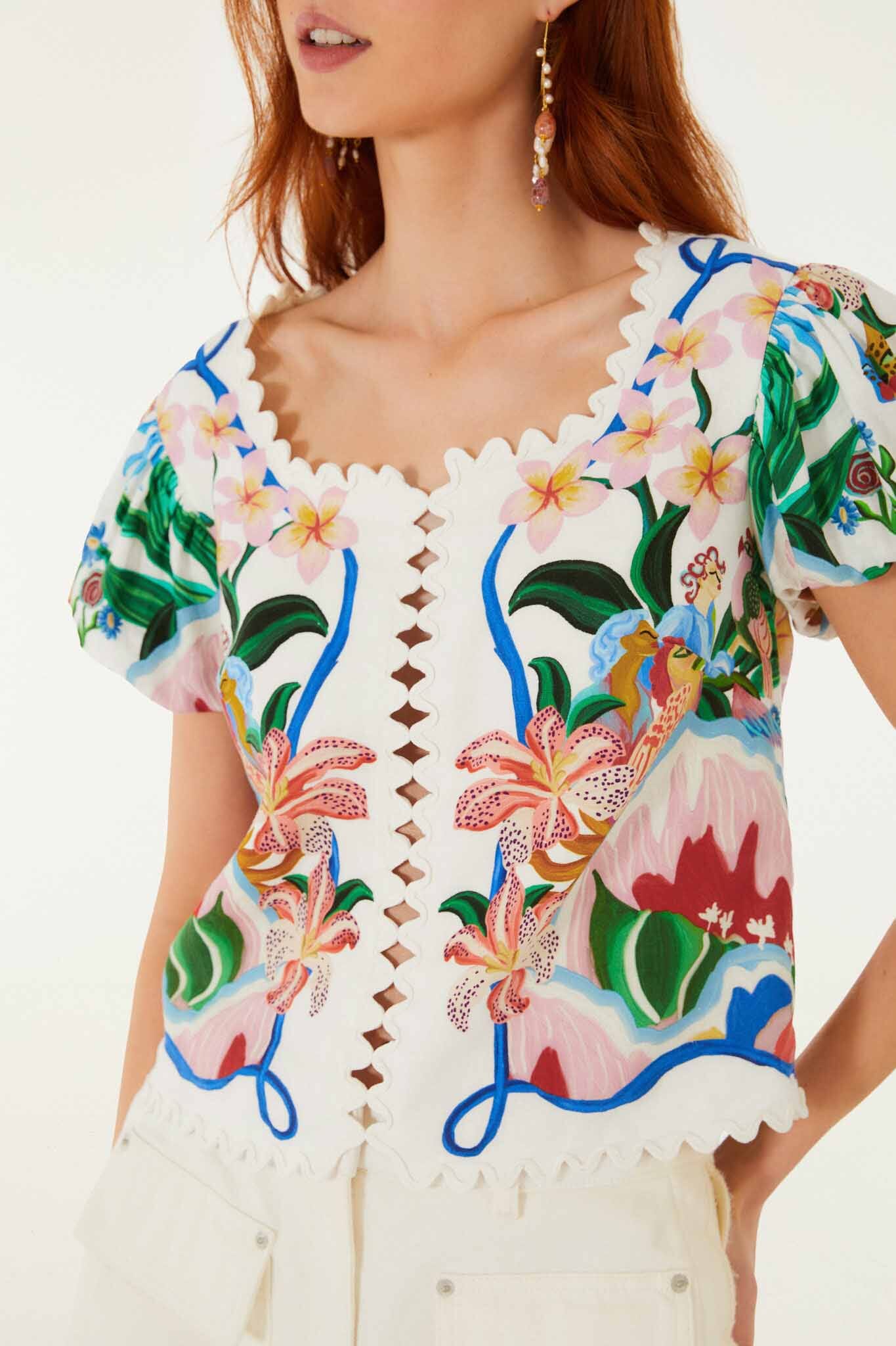 Off-White Garden Of Life Scarf Scalloped Blouse | FARM Rio