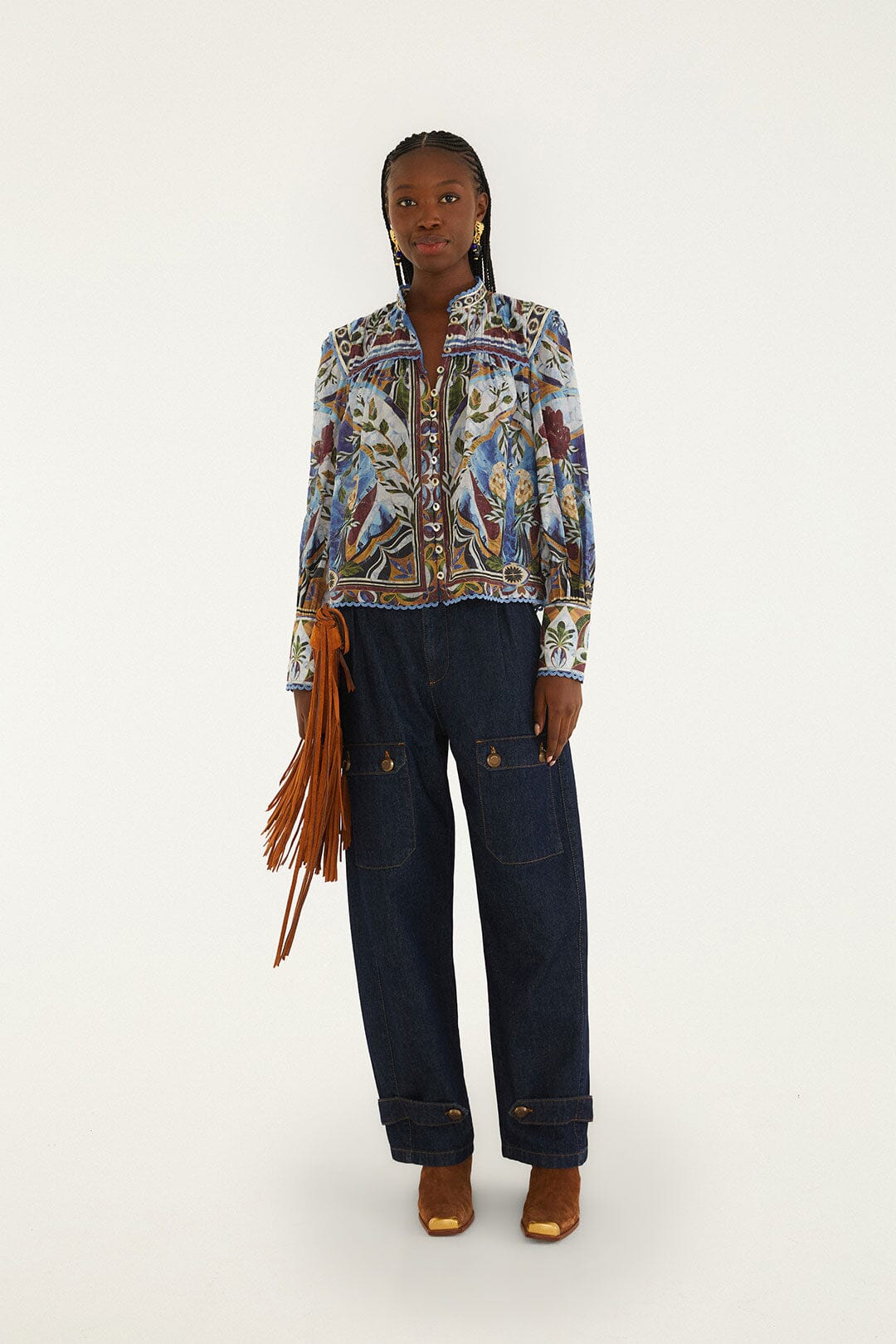 FARM Rio model wearing the Pietra Dura Tapestry Blouse