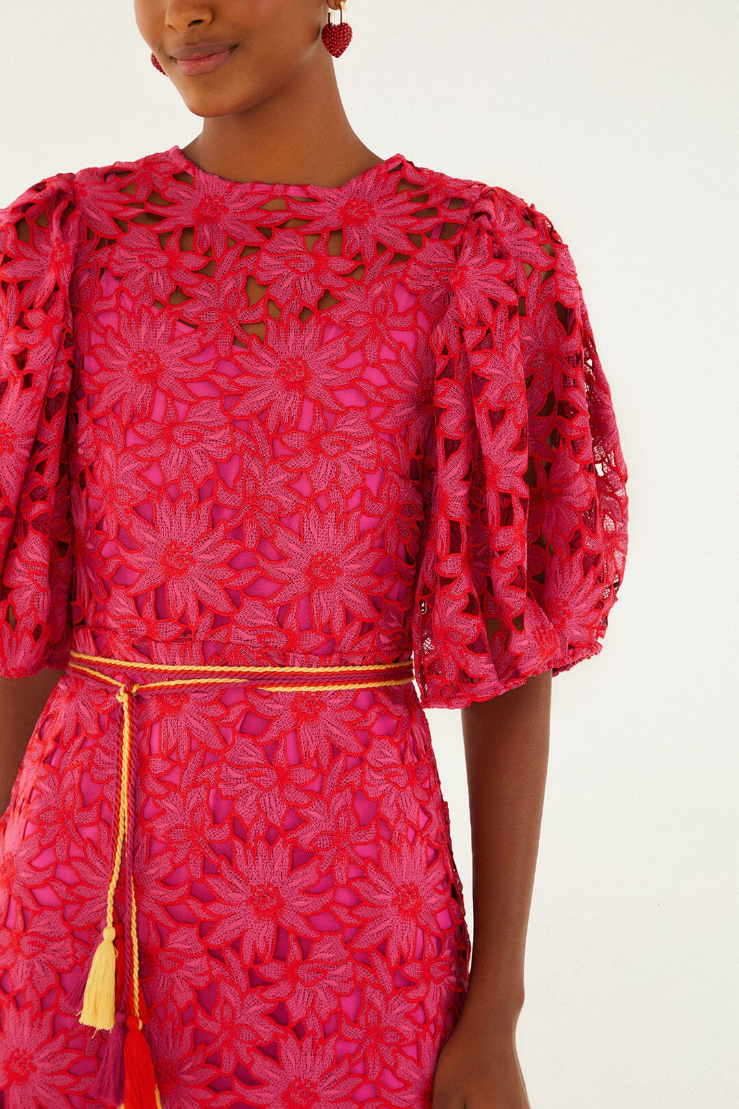 FARM Rio model wearing the Pink Flowered Lace Puff Sleeve Lined Mini Dress