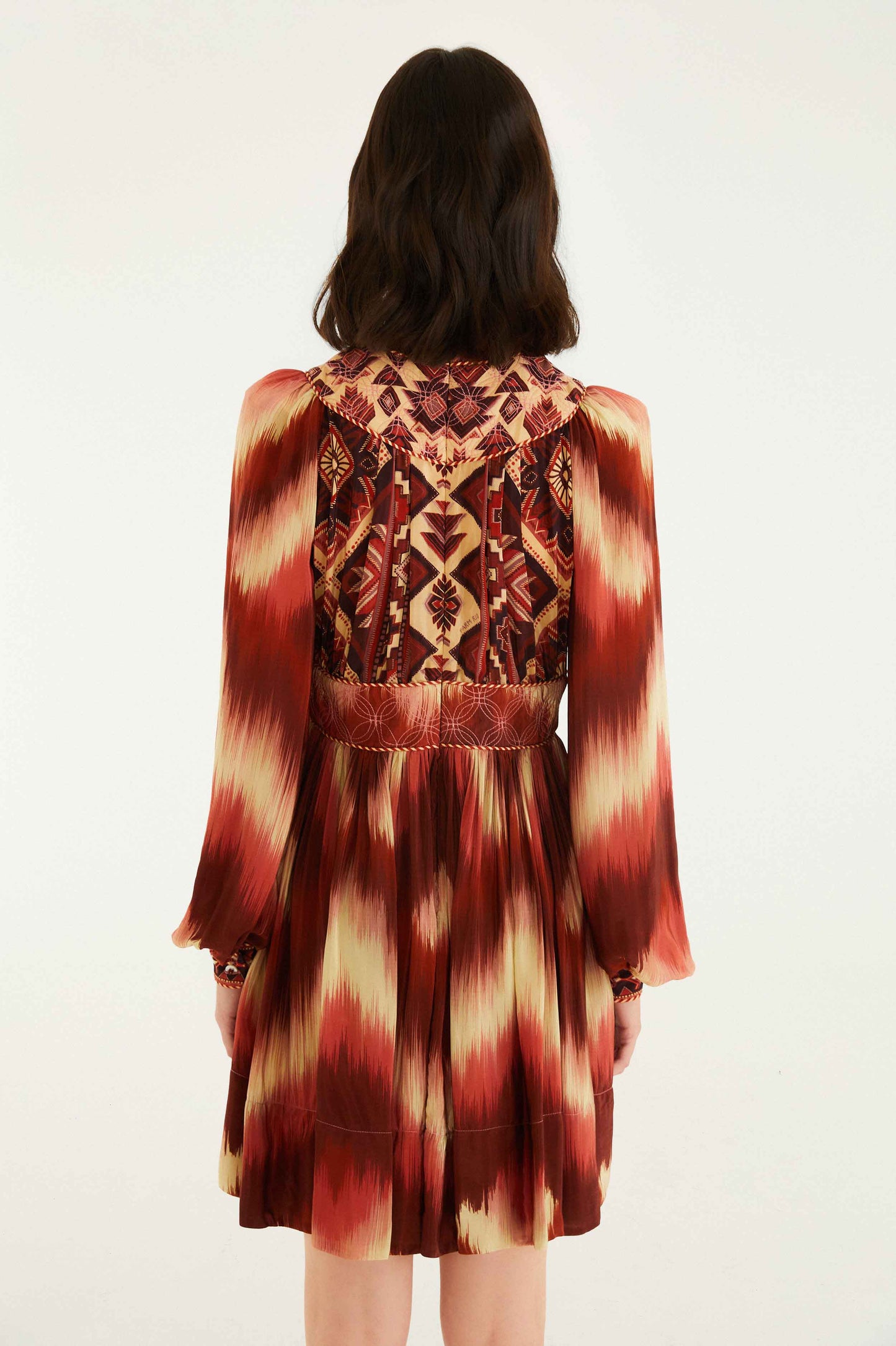 FARM Rio model wearing the Red Amanda Stripes Tapestry Quilted Mini Dress