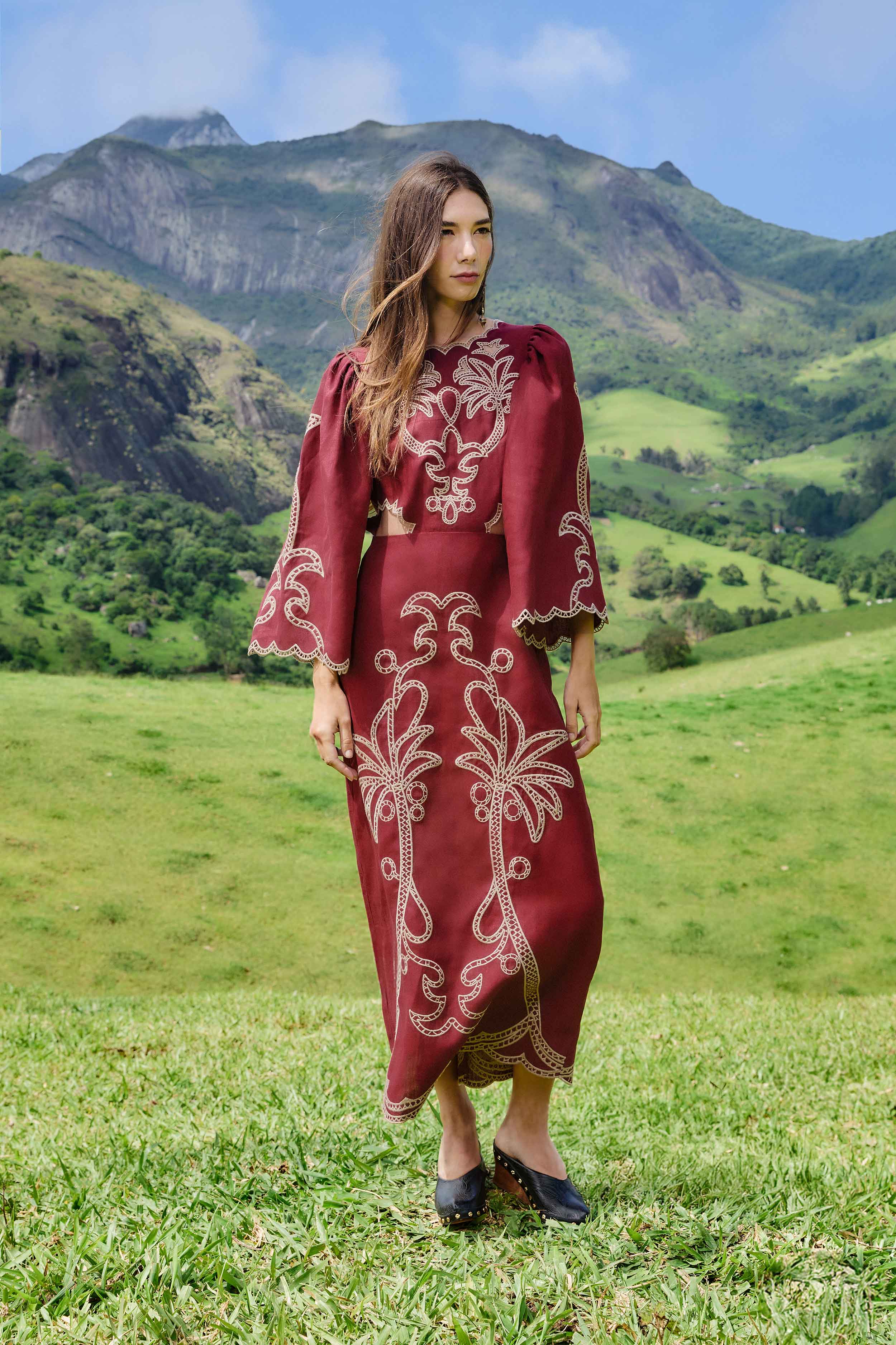 Red Artisanal Cut-Out Embroidered Euroflax Premium Linen Maxi Dress