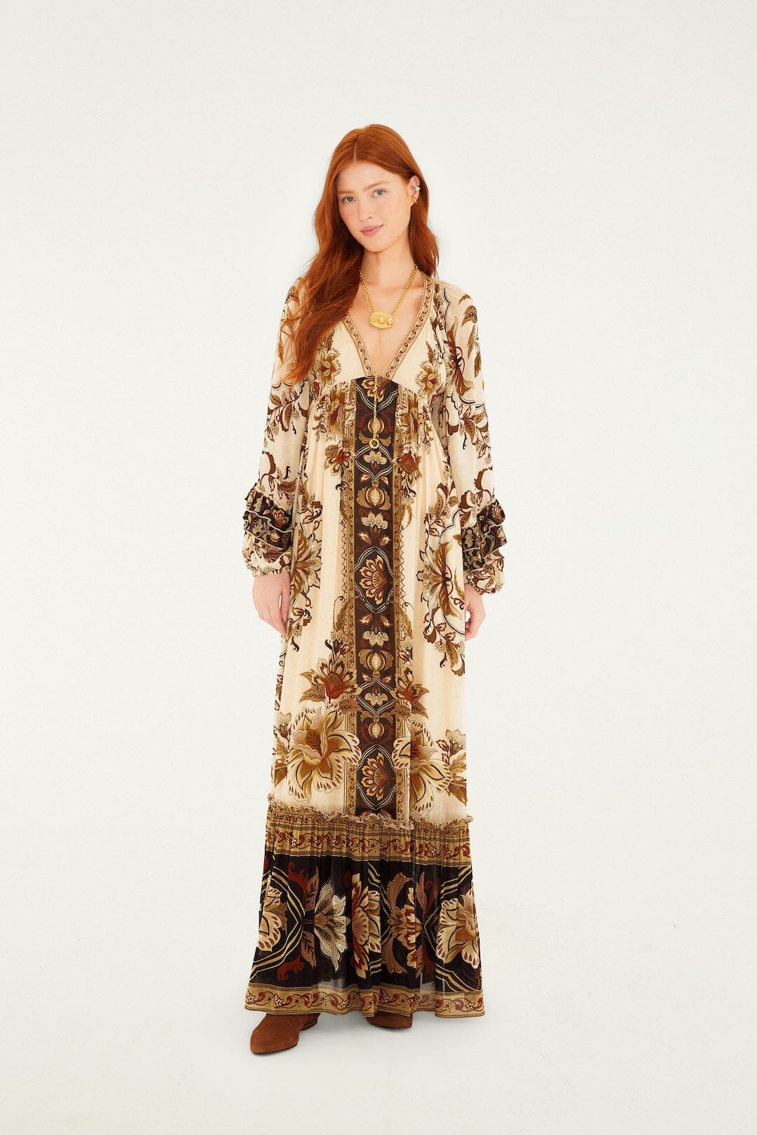 f&f maxi dress Sand Majestic Garden Ruffled Maxi Dress